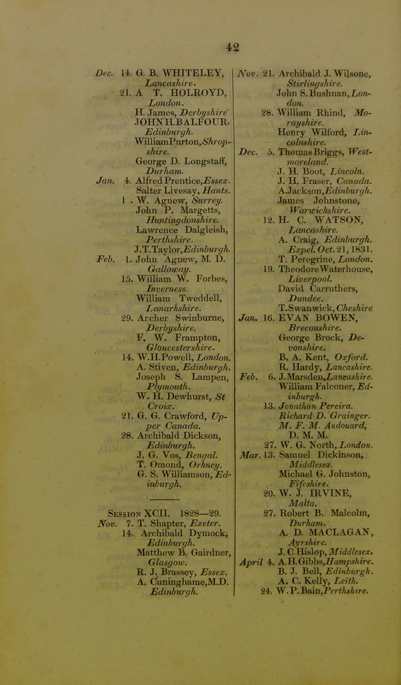 Dec. 21 Jan, 1 Feb. 14. G. B. WHITELEY, Lancashire. A T. HOLROYD, London. H. James, Dei'byshire' JOHN H.BALFOUR, Edinburgh. WilliamPurton,)^^?*)^- shire. George D. Longstaff, Durham. 4. Alfi-edPrentice,£'ssea:. Salter Livesay, Hants. W. Agnew, Surj-ey. John P. Margetts, Huntingdonshire. Lawi-ence Dalgleish, Pertlishire. 3.T.l9.y\or,Edinburgh. 1. John Agnew, M. D, Galloway. 15. William W. Forbes, Inverness. William Tweddell, Lanarlishire. 29. Archer Swinburne, Derbyshire. F. W. Frampton, Gloucestershire. 14. W.H.PoweU, London. A. Stiven, Edinburgh. Joseph S. Lampen, Plymouth. W. H. Dewhurst, St 21. G. G. Crawford, Up- per Canada, 28. Archibald Dickson, Edinburgh. J. G. Vos, Bengal. T. Omond, Orkney. G. S. Williamson, jErf- inburgh. Session XCH. 1828—29. Nov. 7. T. Shapter, Exeter. 14. Archibald Dymock, Edinburgh. Matthew B. Gairdner, Glasgoiv. R. J. Brassey, Essex. A. C'uninghame,M.D. Edinburgh. 12. 19. Nov, 21. Archibald J. Wilsone, Stirlingshire. Jolin S.Bushnan,Lon- don. 28. William Rhind, Mo- rayshire. Henry Wilford, Lin- colnshire. Dec. 5. Thomas Briggs, West- moreland. J. H. Boot, Lincoln. J. H. Fraser, Canada. A,ivkc\5.sor\,Edinburgh. James Johnstone, Wai'wicltshire. H. C. WATSON, Lancashire. A. Craig, Edinburgh. Expel, Oct. 2\, 1831. T. Peregrine, London. Theodore Waterhouse, Liverpool. David Carruthers, Dundee. T.Swanwick, Cheshire Jan. 16. EVAN BOWEN, Breconshire, George Brock, De- vonshire. B. A. Kent, Oxford. R. Hardy, Lancashire. J. MaxsAenyLnncash ir e. William Falconer, Ed- inhurgh. Jonathan Pereira. Richard D. Grainger. M. F. M. Audouard, D. M. M. W. G. North, London. Samuel Dickinson, Middle.sex. Michael G. Johnston, Fifeshire. 20. W. X IRVINE, Malta. 27. Robert B. Malcolm, Durham. A. D. MACLAGAN, Ayrshire. J. C.Hislop, Middlesex, April 4. A.H.Gibbs,Araw;).9/HVt'. B. J. Bell, Edinburgh. A. C. Kelly, Leith. 24. W.P.Bain,/'('?7/i*/i?re. Feb. G, 13. 27 Mar. 13.