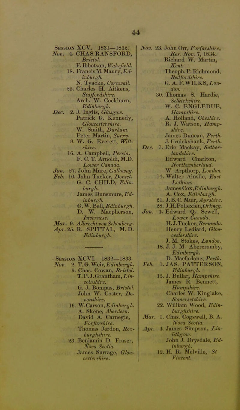 Session XCV. 1831—1832. Nov. 4. CHAS.RANSFORD, Bi-istol F. Ibbotson, Wakefield. 18. Francis M. Maury, inburgh. N. Tyacke, Cornwall. 25. Charles H. Aitkens, Staffordshire. Arch. W. Cockburn, Edinburgh. Dec. 2. J. Inglis, Glasgow. Patrick G. Kennedy, Gloucestershire. W. Smith, Durham. Peter Martin, Surry. 9. W. G. Everett, mit- shire. 16. A. Campbell, Persia. F. C. T. Arnoldi, M.D. Lower Canada. Jan. 27. John Mure, Galloway. Feb. 10. John Tucker, Dorset. G. C. CHILD, Edin- burgh. James Dunsmure, Ed- inburgh. G.y^.'BeW, Edinburgh. D. W. Macpherson, Inverness. Mar. 9. Albrecht von Schonherg. Apr.25.^. SPITTAL, M.D. Edinburgh. Session XCVI. 1832—1833. Nov. 2. T.G.Weir,Edinburgh. 9. Chas. Cowan, Bristol. T. P. J. Grantham, Lin- colnshire. G. J. Bompas, Bristol. John W. Coster, De- vonshire. 16. W.CsLTSon,Edinburgh. A. Skene, Abei-deen. David A. Carnegie, Forfarshire. Thomas Jerdon, liox- buT'ghshire. 23. Benjamin D. Fraser, Nova Scotia. James Surrage, Glou- cestershire. Nov. 23. John Orr, Forfarshire, Res. Nov. 7, 1834. Richard W. Martin, Kent. Theoph. P. Richmond, Bedfordshire. G. A.F.WILKS, Lon- don. . 30. Thomas S. Hardie, Selkirkshire. W. C. ENGLEDUE, Hampshire. A. Holland, Cheshire. R. J. Watson, Hamp- shire. James Duncan, Perth. J. Cruickshank, Perth. Dec. 7. Eric Mackay, Suther- landshire. Edward Charlton, Northumberland. W. Arpthorp, London. 14. Walter Ainslie, East Lothian. James Cox,Edinburgh. A. Cox, Edinburgh. 21. J.B. C. Muir, Ayrshire. 28. J.H.Pollexfen.brArrae^. Jan. 4. EdM'ard Q. Sewell, Lower Canada. H. J.Tucker, Bermuda. Henry Lediard, Glou- cestershire. J. M. Stokes, London. 18. J. J. M. Abercromby, Edinburgh. D. Macfarlane, Perth. Feb. 1. JAS. PATTERSON, Edinburgh. 13. J. Bullar, Hampshire. James 11. Bennett, Hampshire. Charles W. Kinglake, Somersetshire. 22. William Wood, Edin- burghshire. Mar. 1. Chas. Cogswell, B. A. Nova Scotia. Apr. 4. James Shnpson, Lin- lithgow. John J. Drysdale, Ed- iiilntrgh. 12. H. R. Melville, Sf Vincent. A