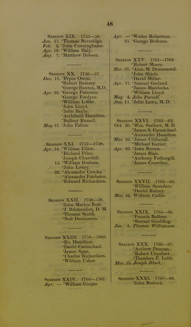 Session XIX. 1755—56. Jan. 17. °Thomas Beveridge. Feb. 3. °John Cunninghame. Apr. 19. °William Haly. Aug. 7. Matthew Dobson. Session XX. 1756—57. Dec. 11. °Pryce Owen. Robert Ramsay. °George Buxton, M.D. Apr. 22. George Paterson. George Fordyce. William Loftie. John Lloyd. John Bayly. Archibald Hamilton. Balfour Russell. May 21. John Fallon. Session XXI. 1757—1758. Apr. 14. William Elliot. Richard Price. Joseph Churchill. 15. William Graham. John Lesley. 22. Alexander Crooks. Alexander Fairbairn. Edward Richardson. Session XXII. 1758—59. John Marten Butt. J. Brickendon, D. M. Thomas Smith. NeU Duncanson. Session XXIIL 1759—1960. Ro. Hamilton. David Carmichael. James Span. Charles Richardson. William Usher. Session XXIV. 1760—1761. Apr. — William Cooper. Apr. — Walter Robertson. 25. George Bethune. Session XXV. 1761—1762. Robert Moore. Mar. 27. Alex. M Drummond. John Shiels. David Millar. Samuel Garland. James Maddocks. William Lloyd. John Purcell. John Lawe, M. D. Apr. 17. May Aug. 4. 11. Session XXVL 1762—63. Oct. 30. Wm. Smibert, M. D. James S. Carmichael. Alexander Hamilton. Mar. 26. James Clitherall. Michael Garner. Apr. 23. John Browna. James Blair. Anthony Fothergill. James Crowther. Session XXVIL 1763—64. William Saunders. Daniel Rainey. Mar. 24. William Cullen. Session XXIX. 1765—66. Francis Balfour. Samuel Goulding. Jan, 4. Thomas WilliamsoH. Session XXX. 1766—67. Andrew Duncan. Robert Urquhart. Theodore F. Leitli. Mar. 13. Joseph Blach. Session XXXI. 1767—68. John Bostock.