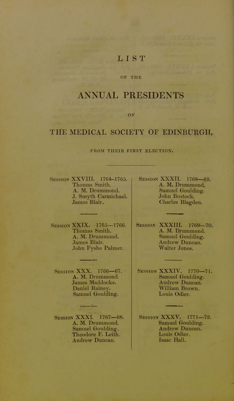 OF THE ANNUAL PRESIDENTS OF THE MEDICAL SOCIETY OF EDINBURGH, FROM THEIR FIRST ELECTION. Session XXVIII. 1764-1763. Thomas Smith. A. M. Drummond. J. Smyth Carmichael. James Blair. Session XXIX. 1765—1766. Thomas Smith. A. M. Drummond. James Blair. John Fyshe Palmer. Session XXX. 1766—67. A. M. Drummond. James Maddocks. Daniel Rainey. Samuel Goulding. Session XXXI. 1767—68. A. M. Drummond. Samuel Goulding. Theodore F. Leith. Andrew Duncan. Session XXXII. 1768—69. A. M. Drummond. Samuel Goulding. John Bostoclv. Charles Blagden. Session XXXIII. 1769—70. A. M. Drummond. Samuel Goulding. Andrew Duncan, Walter Jones. Session XXXIV. 1770—71. Samuel Goulding. Andrew Duncan. William Brown. Louis Odier. Session XXXV. 1771—72. Samuel Goulding. Andrew Duncan. Louis Odier. Isaac Hall.