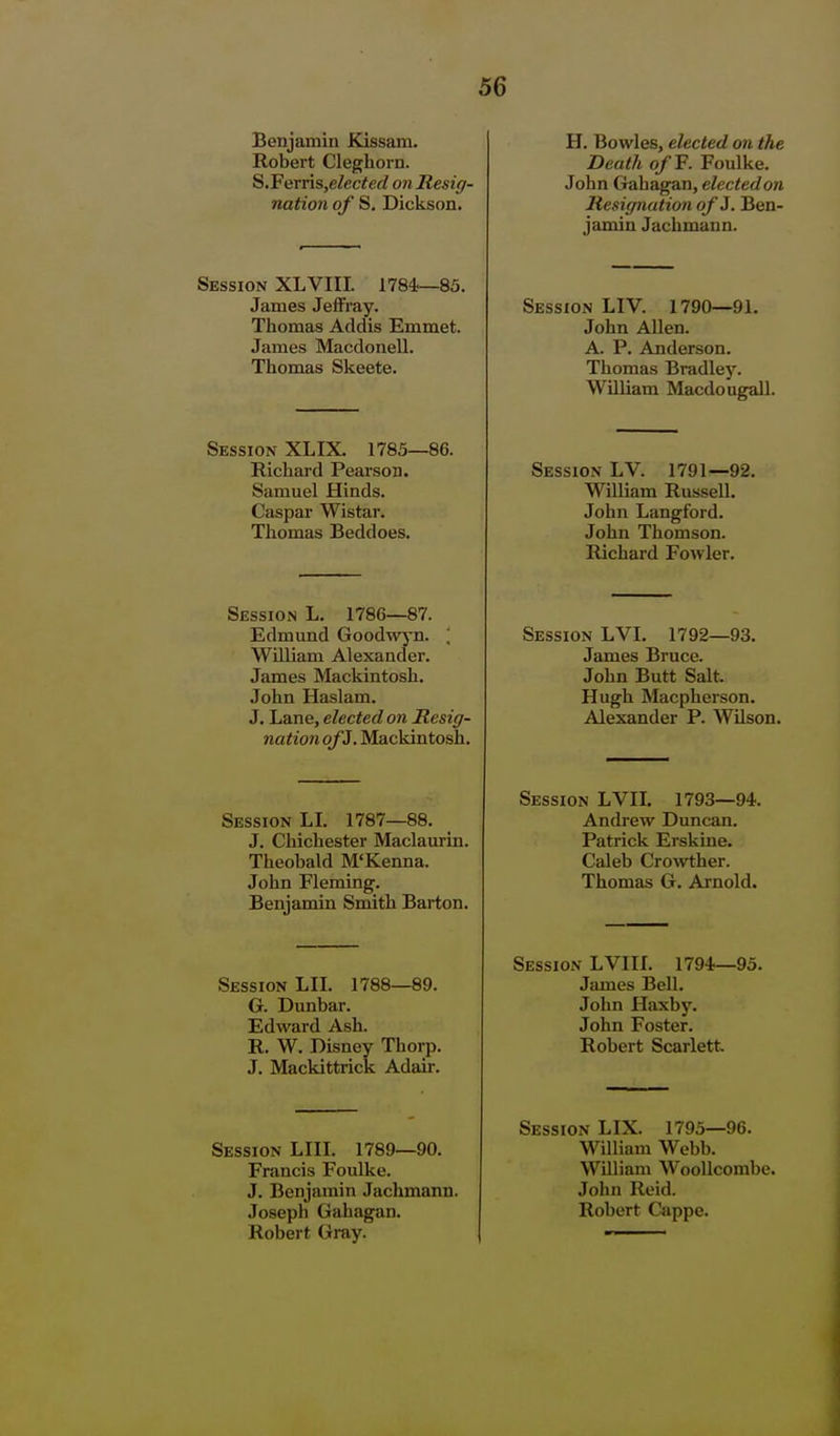 Benjamin Kissam. Robert Cleghorn. S.Ferns,elected on Resig- nation of S, Dickson. Session XLVIII. 1784—85. James Jeifray. Thomas Addis Emmet. James Macdonell. Thomas Skeete. Session XLIX. 1785—86. Richard Pearson. Samuel Hinds. Caspar Wistar. Thomas Beddoes. Session L. 1786—87. Edmund Goodwj'n. ; William Alexander. James Mackintosh. John Haslam. J. Lane, elected on Resig- nation of5. Mackintosh. Session LL 1787—88. J. Chichester Maclaurin. Theobald M'Kenna. John Fleming. Benjamin Smith Barton. Session LIL 1788—89. G. Dunbar. Edward Ash. R. W. Disney Thorp. J. Mackittrick Adair. Session LIII. 1789—90. Francis Foulke. J. Benjamin Jachmann. Joseph Gahagan. Robert Gray. H. Bowles, elected on the Death of F. Foulke. John Gahagan, elected on Resignation of J. Ben- jamin Jachmann. Session LIV. 1790—91. John Allen. A. P. Anderson. Thomas Bradley. William Macdougall. Session LV. 1791—92. William Russell. John Langford. John Thomson. Richard Fowler. Session LVI. 1792—93. James Bruce. John Butt Salt Hugh Macpherson. Alexander P. Wilson. Session LVIL 1793—94. Andrew Duncan. Patrick Erskine. Caleb Crowther. Thomas G. Arnold. Session LVIIL 1794—95. James Bell. John Haxby. John Foster. Robert Scarlett Session LIX. 1795—96. William Webb. William WooUcombe. John Reid. Robert Cappe.