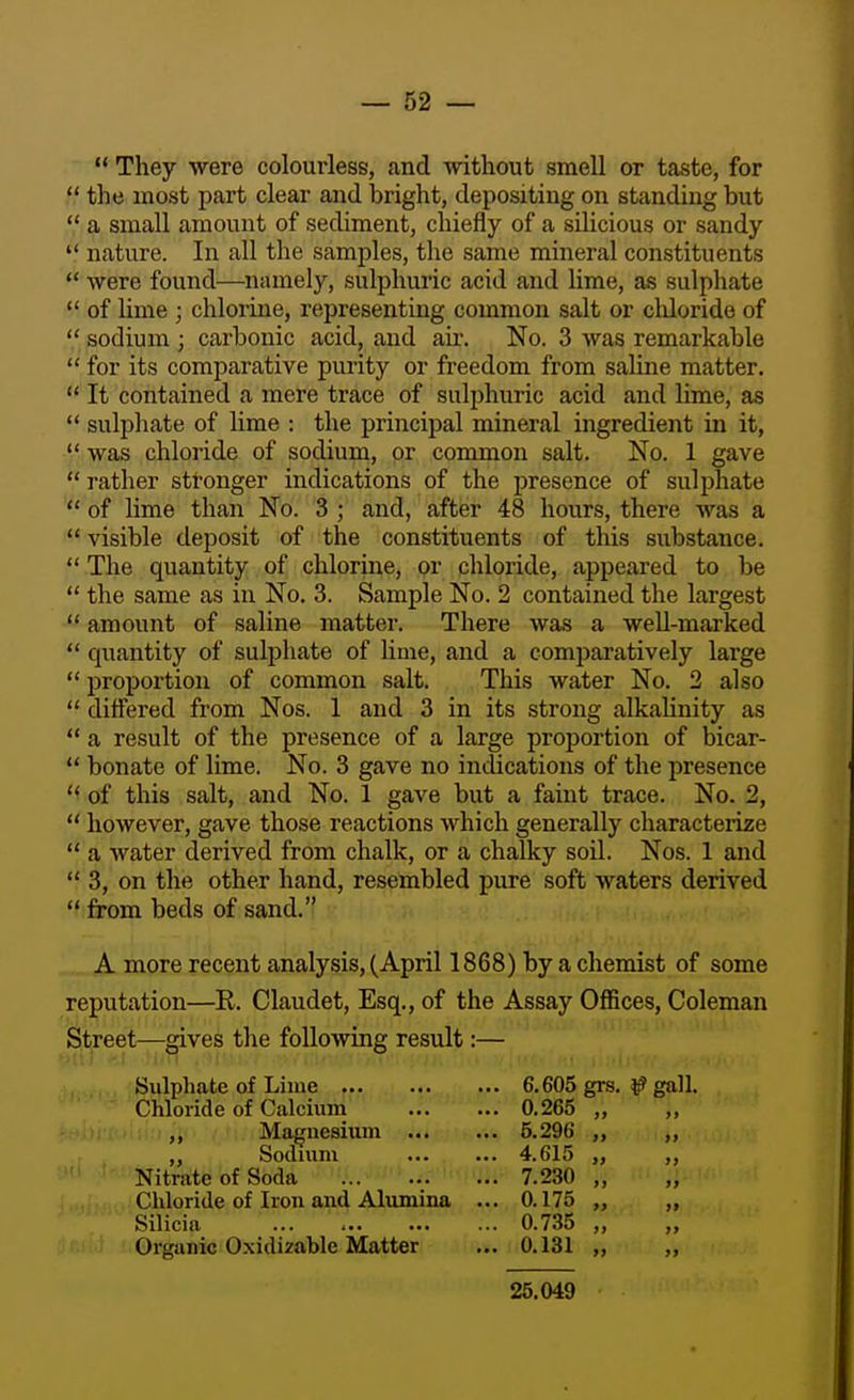 They were colourless, and Avithout smell or taste, for the most part clear and bright, depositing on standing but a small amount of sediment, chiefly of a silicious or sandy nature. In all the samples, the same mineral constituents were found—namely, sulphuric acid and lime, as sulphate of lime ; chlorine, representing common salt or chloride of sodium ; carbonic acid, and air. No. 3 was remarkable for its comparative purity or freedom from saline matter. It contained a mere trace of sulphuric acid and lime, as sulphate of hme : the principal mineral ingredient in it, was chloride of sodium, or common salt. No. 1 gave rather stronger indications of the presence of sulphate of lime than No. 3 ; and, after 48 hours, there was a visible deposit of the constituents of this substance. The quantity of chlorine, or chloride, appeared to be the same as in No. 3. Sample No. 2 contained the largest amount of saline matter. There was a weU-marked quantity of sulphate of lime, and a comparatively large proportion of common salt. This water No. 2 also differed from Nos. 1 and 3 in its strong alkalinity as a result of the presence of a large proportion of bicar- bonate of lime. No. 3 gave no indications of the presence of this salt, and No. 1 gave but a faint trace. No. 2, however, gave those reactions which generally characterize a water derived from chalk, or a chalky soil. Nos. 1 and 3, on the other hand, resembled pure soft waters derived from beds of sand. A more recent analysis, (April 1868) by a chemist of some reputation—R. Claudet, Esq., of the Assay Offices, Coleman Street—gives the following result:— Sulphate of Lime 6.605 grs. ^ gall. Chloride of Calcium 0.265 ,, ,, Nitrate of Soda Chloride of Iron and Alumina Silicia Organic Oxidi2able Matter Magnesium Sodium 5.296 4.615 7.230 0.175 0.735 0.131 >» 25.049