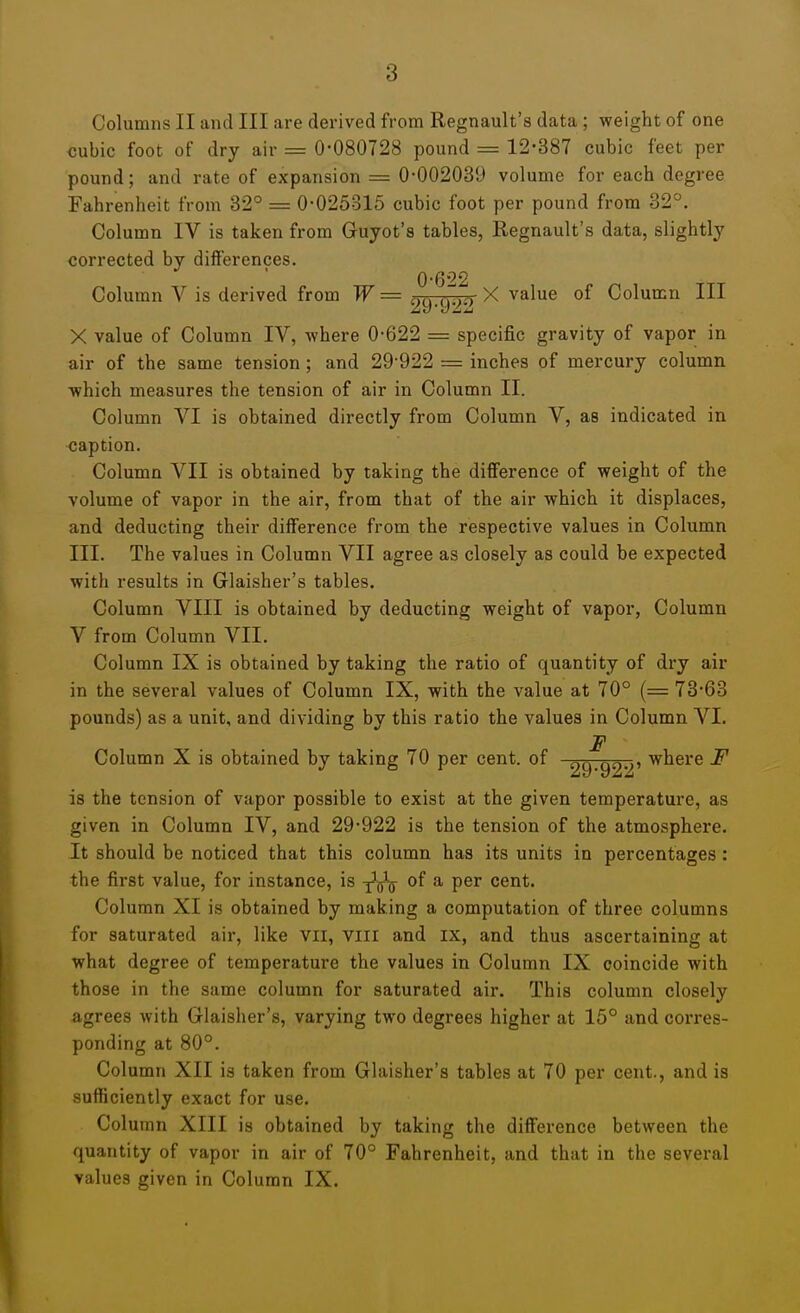 cubic foot of dry air = 0-080728 pound = 12-387 cubic feet per pound; and rate of expansion = 0-002039 volume for each degree Fahrenheit from 32° = 0-025315 cubic foot per pound from 32°. Column IV is taken from Guyot's tables, Regnault's data, slightly corrected by differences. Column V is derived from W = 2Q.^-)o ^ Column III X value of Column IV, where 0-622 = specific gravity of vapor in air of the same tension ; and 29-922 = inches of mercury column ■which measures the tension of air in Column II. Column VI is obtained directly from Column V, as indicated in caption. Column VII is obtained by taking the difference of weight of the volume of vapor in the air, from that of the air which it displaces, and deducting their difference from the respective values in Column III. The values in Column VII agree as closely as could be expected with results in Glaisher's tables. Column VIII is obtained by deducting weight of vapor, Column V from Column VII. Column IX is obtained by taking the ratio of quantity of dry air in the several values of Column IX, with the value at 70° (= 73-63 pounds) as a unit, and dividing by this ratio the values in Column VI. F Column X is obtained by taking 70 per cent, of 29•92'^' where F is the tension of vapor possible to exist at the given temperature, as given in Column IV, and 29-922 is the tension of the atmosphere. It should be noticed that this column has its units in percentages : the first value, for instance, is -^^^q of a per cent. Column XI is obtained by making a computation of three columns for saturated air, like vil, Vlll and ix, and thus ascertaining at what degree of temperature the values in Column IX coincide with those in the same column for saturated air. This column closely agrees with Glaisher's, varying two degrees higher at 15° and corres- ponding at 80°. Column XII is taken from Glaisher's tables at 70 per cent., and is sufficiently exact for use. Column XIII is obtained by taking the difference between the quantity of vapor in air of 70° Fahrenheit, and that in the several values given in Column IX.