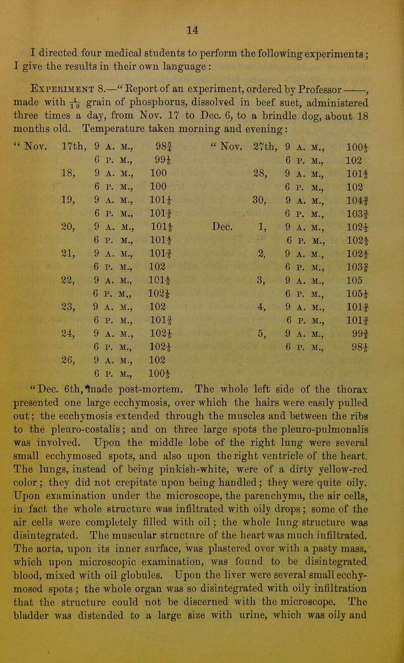 I directed four medical students to perform the following experiments; I give the results in their own language: Experiment 8.— Report of an experiment, ordered by Professor , made with grain of phosphorus, dissolved in beef suet, administered three times a day, from Nov. 17 to Dec. 6, to a brindle dog, about 18 months old. Temperature taken morning and evening: 1 7fh J- 1 ull, q A A . M., LNOV. lit q y A. M., lUUf R 11 Jr. M., qqj. yy 5 e 0 P. M., i no 1 R q A* XI /Co, q y A. M., lUlf r. 0 Jr. M., 1 00 D P. M., i no 1 Q iy, q y A. XT 1 01-L QO Q y A. M., p. IVJX g c D Jr. M., 1 OQi 20, 9 A. M., 1011 Dec. 1, 9 A. M., 1021 6 P. M., ion 6 P. M., 1021 21, 9 A. M., lOlf 2, 9 A. M., 1021 6 P. M., 102 6 P. M., 103f 22, 9 A. M., 101| 3, 9 A. M., 105 6 P. M„ 1021 6 P. M., 1051 23, 9 A. M., 102 4, 9 A. M., ion 6 P. M., 101-f 6 P. M., ion 24, 9 A. M., 1021 5, 9 A. M., 99f 6 P. M., 1021 6 P. M., 981 26, 9 A. M., 102 6 P. M., 1001 Dec. 6th,*tnade post-mortem. The whole left side of the thorax presented one large ecchymosis, over which the hairs were easily pulled out; the ecchymosis extended through the muscles and between the ribs to the pleuro-costalis; and on three large spots the pleuro-pulmonalis was involved. Upon the middle lobe of the right lung were several small ecchymosed spots, and also upon the right ventricle of the heart. The lungs, instead of being pinkish-white, were of a dirty yellow-red color; they did not crepitate upon being handled; they were quite oily. Upon examination under the microscope, the parenchyma, the air cells, in fact the whole structure was infiltrated with oily drops; some of the air cells were completely filled with oil; the whole lung structure was disintegrated. The muscular structure of the heart was much infiltrated. The aorta, upon its inner surface, was plastered over with a pasty mass, which upon microscopic examination, was found to be disintegrated blood, mixed with oil globules. Upon the liver were several small ecchy- mosed spots ; the whole organ was so disintegrated with oily infiltration that the structure could not be discerned with the microscope. The bladder was distended to a large size with urine, which was oily and