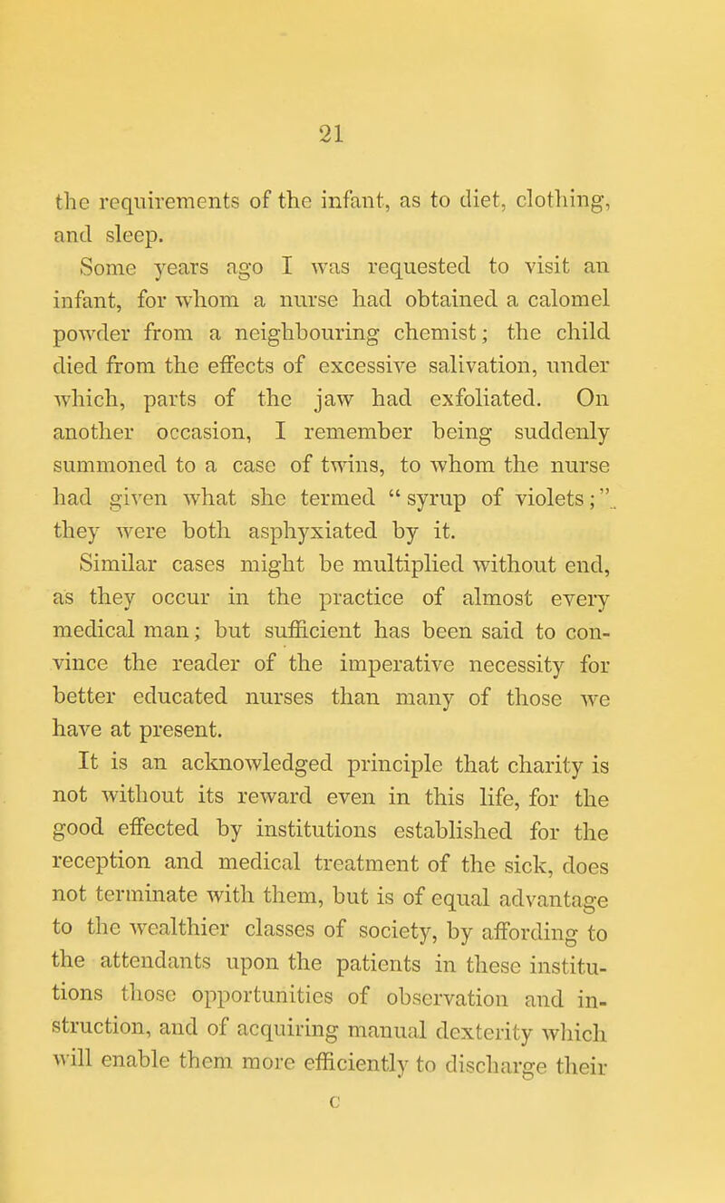 the reqinrements of the infant, as to diet, clothing, and sleep. Some years ago I was requested to visit an infant, for whom a nurse had obtained a calomel powder from a neighbouring chemist; the child died from the effects of excessive salivation, under Avhich, parts of the jaw had exfoliated. On another occasion, I remember being suddenly summoned to a case of twins, to whom the nurse had given what she termed syrup of violets;., they were both asphyxiated by it. Similar cases might be multiplied without end, as they occur in the practice of almost every medical man; but sufficient has been said to con- vince the reader of the imperative necessity for better educated nurses than many of those Ave have at present. It is an acknowledged principle that charity is not without its reward even in this life, for the good effected by institutions established for the reception and medical treatment of the sick, does not terminate with them, but is of equal advantage to the wealthier classes of society, by affording to the attendants upon the patients in these institu- tions those opportunities of observation and in- struction, and of acquiring manual dexterity wliich AA'ill enable them more efficiently to discharge their c