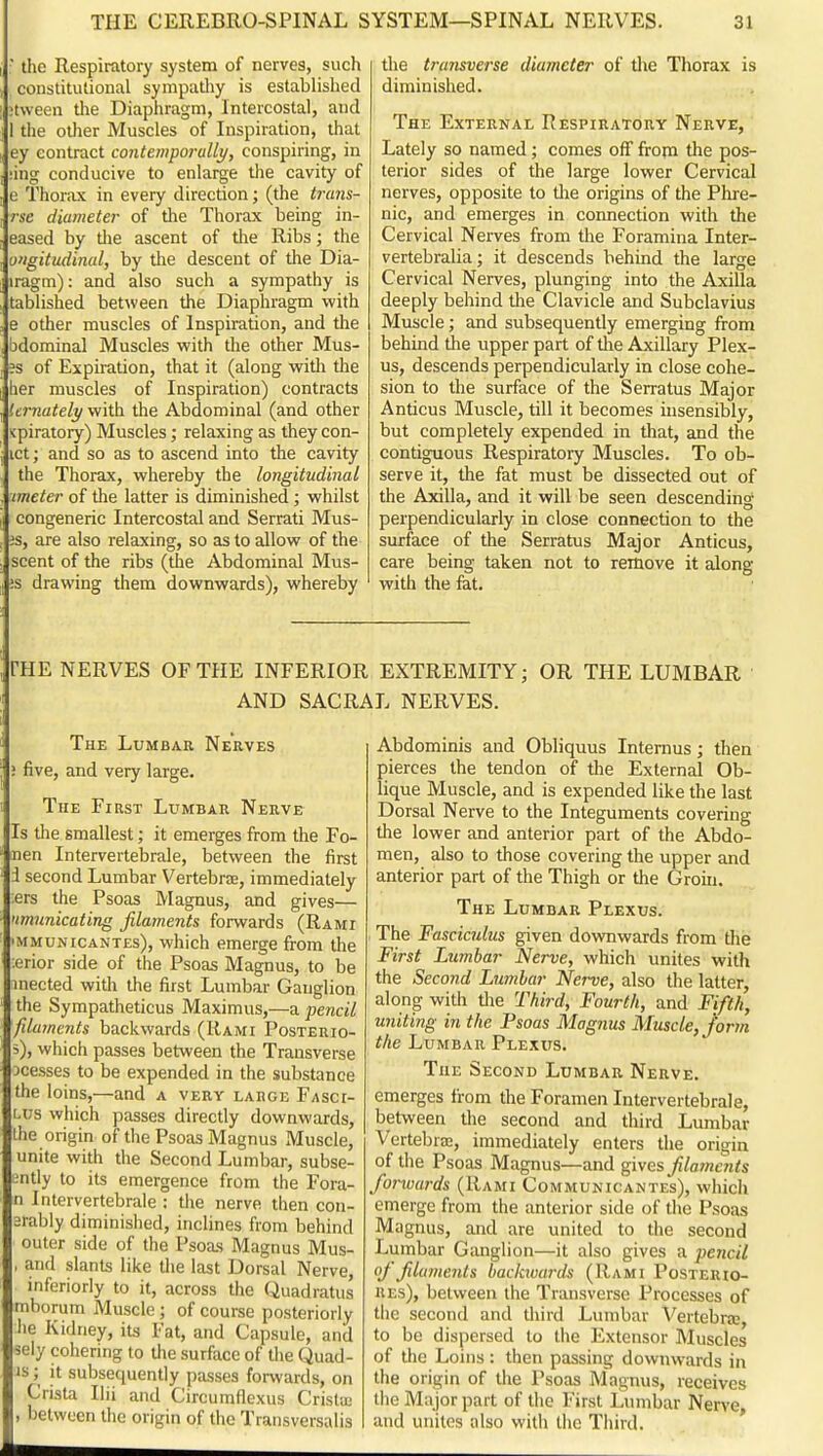 :' the Respiratory system of nerves, such constitutional sympatliy is established ;tween the Diaphragm, Intercostal, and 1 the other Muscles of Inspiration, that ey contract contemporully, conspiring, in ;ing conducive to enlarge the cavity of e Thorax in every direction; (the truns- rse diameter of the Thorax being in- eased by tlie ascent of the Ribs; the o'igitudinal, by the descent of the Dia- iragm): and also such a sympathy is tablished between the Diaphragm with e other muscles of Inspiration, and the bdominal Muscles with the other Mus- es of Expiration, that it (along witli the her muscles of Inspiration) contracts lernately with the Abdominal (and other <piratory) Muscles; relaxing as they con- ict; and so as to ascend into the cavity the Thorax, whereby the longitudinal meter of the latter is diminished; whilst congeneric Intercostal and Serrati Mus- 3s, are also relaxing, so as to allow of the scent of the ribs (the Abdominal Mus- is drawing them downwards), whereby the trarisverse diameter of the Thorax is diminished. The External RESPiRATonY Nerve, ' Lately so named; comes off from the pos- terior sides of the large lower Cervical nerves, opposite to tlie origins of the Phre- nic, and emerges in cormection with the Cervical Nerves from the Foramina Inter- vertebralia; it descends behind the large Cervical Nerves, plunging into the Axilla deeply behind the Clavicle and Subclavius Muscle; and subsequently emerging from behind the iipper part of tlie Axillary Plex- us, descends perpendicularly in close cohe- sion to the surface of the Serratus Major Anticus Muscle, till it becomes insensibly, but completely expended in that, and the contiguous Respiratory Muscles. To ob- serve it, the fat must be dissected out of the Axilla, and it will be seen descending perpendicularly in close connection to the surface of the Serratus Major Anticus, care being taken not to remove it along with the fat. CHE NERVES OF THE INFERIOR EXTREMITY; OR THE LUMBAR AND SACRAL NERVES. The Lumbar Nerves ; five, and very large. The First Lumbar Nerve Is the smallest; it emerges from the Fo- nen Intervertebrale, between the first 1 second Lumbar Vertebrae, immediately ers the Psoas Magnus, and gives— umunicating filaments forwards (Rami iMMUNicANTEs), which emerge from the ;erior side of the Psoas Magnus, to be inected with the first Lumbar Ganglion the Sympatheticus Maximus,—a pencil filaments backwards (Rami Posterio- i), which passes between the Transverse icesses to be expended in the substance the loins,—and a very large Fasci- i.us which passes direcdy downwards, llie origin of the Psoas Magnus Muscle, unite with the Second Lumbar, subse- antly to its emergence from the Fora- n Intervertebrale : the nerve then con- srably diminished, inclines from behind outer side of the Psoa.s Magnus Mus- , and slants like the last Dorsal Nerve, inferiorly to it, across the Quadratus mborum Muscle; of course posteriorly he Kidney, its Fat, and Capsule, and sely cohering to tlie surface of the Quad- is ; it subsequently passes forwards, on Crista Ilii and Circumflexus Cristas , between the origin of the Transversalis Abdominis and Obliquus Intemus; then pierces the tendon of the External Ob- lique Muscle, and is expended like the last Dorsal Nerve to the Integuments covering the lower and anterior part of the Abdo- men, also to those covering the upper and anterior part of the Thigh or the Groin. The Lumbar Plexus. The Fasciculus given downwards from tlie First Lumbar Nerve, which unites with the Second Lumbar Nerve, also the latter, along with tlie Thii-d, Fourth, and Fifth, uniting in the Psoas Magnus Muscle, fonn the Lumbar Plexus. The Second Lumbar Nerve. emerges from the Foramen Intervertebrale, between the second and third Lumbar Vertebra, immediately enters the origin of the Psoas Magnus—and gives filaments forwards (Rami Communicantes), which emerge from the anterior side of the Psoas Magnus, and are united to the second Lumbar Ganglion—it also gives a pencil of filaments backwards (Rami Posterio- REs), between the Transverse Processes of the second and third Lumbar Vertebra;, to be dispersed to the Extensor Muscles of tlie Loins: then passing downwards in the origin of the Psoas Magnus, receives the Major part of the First Lumbar Nerve and unites nlso with llio Third.