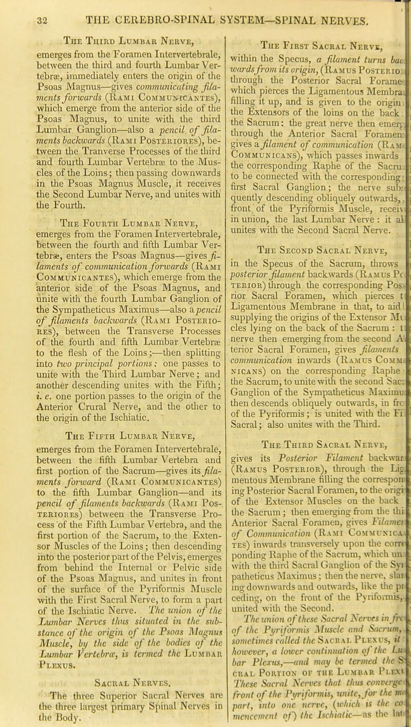 TuE Tuihd LuMbAR Nerve, emerges from the Foramen Intervertebrale, between the third and fourth Lumbar Ver- tebree, immediately enters the origin of the Psoas Magnus—gives co}n?nunicating fila- ments forwards (Rami CoMMUKfCANTEs), which emerge from the anterior side of the Psoas Magnus, to unite with the third Lumbar Ganglion—also a pencil of fila- ments backwards (Rami Posteriores), be- tween the Tranverse Processes of the third and fourth Lumbar Vertebras to the Mus- cles of the Loins; then passing downwards in the Psoas Magnus Muscle, it receives the Second Lumbar Nerve, and unites with the .Fourth. ' The Fourth Lumbar Nerve, emerges from the Foramen Intervertebrale, between the fourth and fifth Lumbar Ver- tebrae, enters the Psoas Magnus—gives_^- laments of communication fonvards (Rami Com MUNicantes), which emerge from the anterior side of the Psoas Magnus, and unite with the fourth Lumbar Ganglion of the Sympatheticus Maximus—also Sipencil of filaments backwards (Rami Posterio- res), between the Transverse Processes of the fourth and fifth Lumbar Vertebrse to the flesh of the Loins;—then splitting into two principal portions: one passes to unite with the Third Lumbar Nerve; and another descending unites with the Fifth; i. e. one portion passes to the origin of the Anterior Crural Nerve, and the other to the origin of the Ischiatic. The Fifth Lumbar Nerve, emerges from the Foramen Intervertebrale, between the fifdi Lumbar Vertebra and first portion of the Sacrum—gives its fila- ments forward (Rami Communicantes) to the fifdi Lumbar Ganglion—and its pencil of filaments backwards (Rami Pos- teriores) between the Transverse Pro- cess of the Fifth Lumbar Vertebra, and the first portion of the Sacrum, to the Exten- sor Muscles of the Loins; then descending into the posterior part of tlie Pelvis, emerges from behind the Internal or Pelvic side of the Psoas Magnus, and unites in front of the surface of the Pyriformis Muscle with the First Sacral Nerve, to form a part of the Ischiatic Nerve. The union of the Lumbar Nerves thus situated iti the sub- stance of the origin of the Psoas Ma^rtus Muscle, by the side of the bodies of the Lumbar Vertebra; is termed the Lumbar Plexus. ri Sacral Nerves. ' The three Superior Sacral Nerves are the three largest primary Spinal Nerves in the Body. The First Sacral Nerve, within the Specus, a filament turns bai. xuardsfrom its origin, (Ramus Posterio: tlirough the Posterior Sacral Forame which pierces the Ligamentous Membra, filling it up, and is given to the orighi the Extensors of tlie loins on the back the Sacrum: the great nerve dien emerf. through the Anterior Sacral Foramen- gives a filament of communication (Ram^ CoMMUNiCANs), which passes inwards the corresponding Raphe of the Sacru- to be connected with the corresponding: first Sacral Ganglion; the nerve sub; quently descending obliquely outwards,. front of the Pyriformis Muscle, receiv in union, the last Lumbar Nerve : it al unites with the Second Sacral Nerve. The Second Sacral Nerve, in the Specus of the Sacrum, throws posterior filament backwards (Ramus Pc terior) through die corresponding Pos- rior Sacral Foramen, which pierces t Ligamentous Membrane in that, to aid supplying the origins of the Extensor Mi cles lying on the back of the Sacrum : t nerve then emerging from the second A terior Sacral Foramen, gives filaments communication inwards (Ramus Comm NiCANs) on the corresponding Raphe the Sacrum, to unite with the second Sac: Ganglion of the Sympatheticus iMaximu then descends obliquely outwards, in fi-c of die Pyriformis; is united with the Fi Sacral; also unites with the Third. The Third Sacral Nerve, gives its Posterior Filament backwar (Ramus Posterior), through die Lig mentous Membrane filling the correspon ing Posterior Sacral Foramen, to the origi of die Extensor Muscles on the back the Sacrum; then emerging fi-om die dii Anterior Sacral Foramen, gives Fitamci of Communication (Rami Communica TEs) inwards transversely upon die corn ponding Raphe of die Sacrum, which un widi die diird Sacral Ganglion of the Syi patheticus Maximus; then the nen-c, slai ing downwards and outwards, like die pi ceding, on the front of die Pyriformis, united wiUi the Second. The union of these Sacral Nerves infn of the Piriformis Muscle and Sacrum, sometimes called the Sacral Plexus, it hou^ever, a lower continuation of (he Lu. bar PlexiLt,—ajid may be termed the S' cral Portion of the Lumbar Plex< These Sacral Nei-vcs that thus converge front of the Pyriformis, unite, for the nn part, into one nerve, {which is the co mcncement of) the Ischiatic—^% the lal-