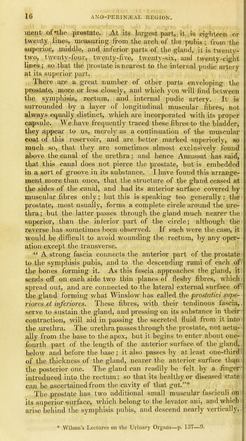 1G ment of -the prostate. At its largest part, it is eighteen or twenty lines, measuring from the arch of the pubis; from the superior, middle, and inferior parts of the gland, it is twenty- two, twenty-four, twenty-five, twenty-six, and twenty-eight I lines; so that the prostate is nearest to the internal pndic artery at its superior part. There are a great number of other parts enveloping the prostate, more or less closely, and which you will find between the symphisis, rectum, and internal pudic artery. It is surrounded by a layer of longitudinal muscular fibres, not always equally distinct, which are incorporated with its proper capsule. We have frequently traced these fibres to the bladder, they appear to us, merely as a continuation of the muscular coat of this reservoir, and are better marked superiorly, so much so, that they are sometimes almost exclusively found above the canal of the urethra; and hence Amussat has said, that this canal does not pierce the prostate, but is embedded in a sort of groove in its substance. I have found this arrange- ment more than once, that the structure of the gland ceased at the sides of the canal, and had its anterior surface covered by muscular fibres only; but this is speaking too generally: the ■ prostate, most usually, forms a complete circle around the ure- thra; but the latter passes through the gland much nearer the- superior, than the interior part of the circle; although the reverse has sometimes been observed. If such were the case, it would be difficult to avoid wounding the rectum, by any oper- ation except the transverse.  A strong fascia connects the anterior part of the prostate to the symphisis pubis, and to the descending rami of each of; the bones forming it. As this fascia approaches the gland, it sends off on each side two thin planes of fleshy fibres, which spread out, and are connected to the later.il external surface of! the gland forming what Winslow has called the jirosiatici s>/pt - i-iores et ivferiores. These fibres, with their tendinous fascia,, serve to sustain the gland, and pressing on its substance in their contraction, will aid in passing the secreted fluid from it into the urethra. The urethra passes through the prostate, not actu- ally from the base to the apex, but it begins to enter about one-- fourth part of the length of the anterior surface of the gland, below and before the base; it also passes by at least one-third of the thickness of the gland, nearer the anterior surface than the posterior one. The gland can readily be felt by a finger introduced into the rectum; so that its healthy or diseased state can be ascertained from the cavity of that gut.* The prostate has two additional small muscular fasciculi on its superior-surface, which belong to the levator ani, and which arise behind the symphisis pubis, and descend nearly vertically, * Wilson's Lectures on the Urinary Organs—p. 137—9.