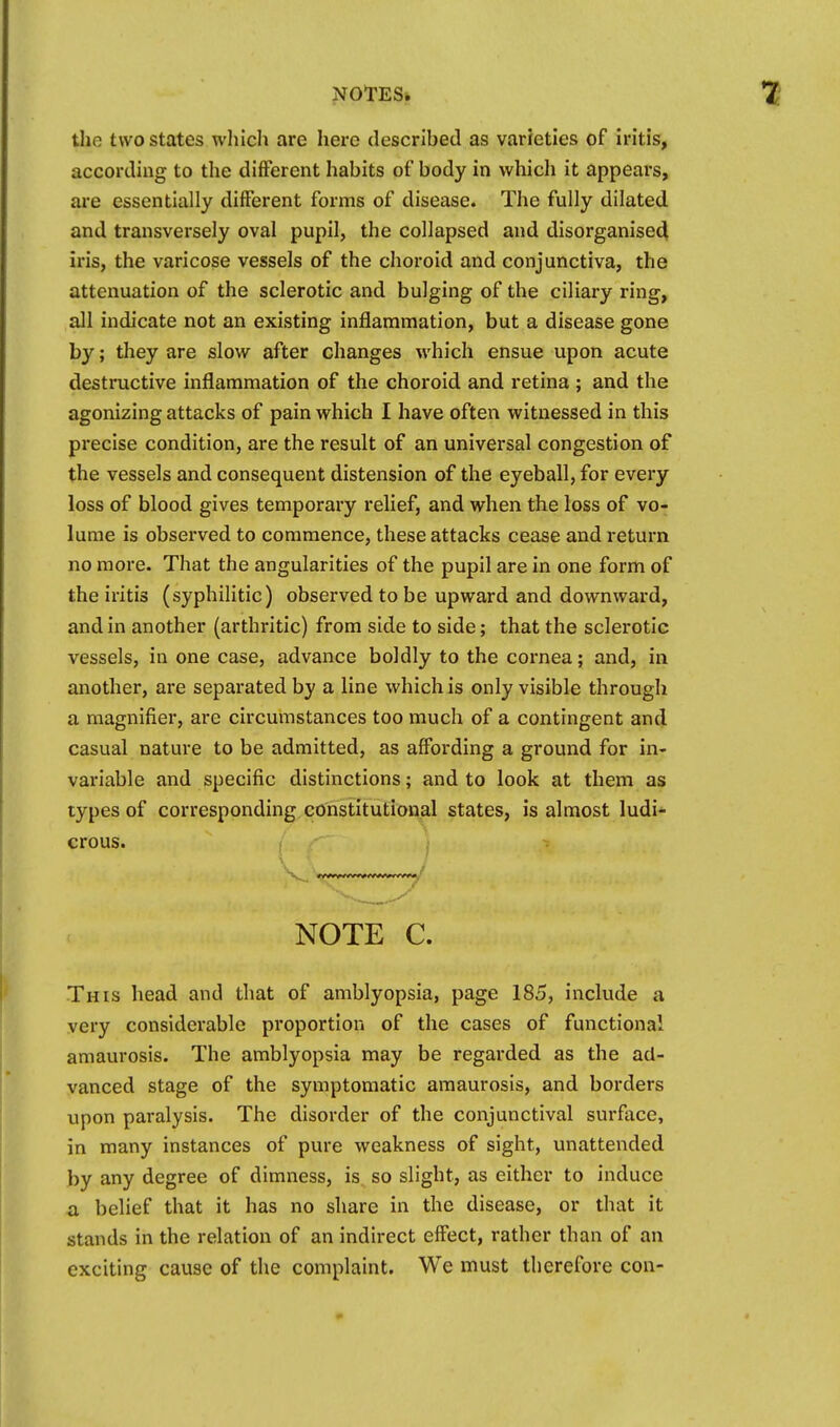 the two states wliich are here described as varfetles of iritis, according to the different habits of body in which it appears, are essentially different forms of disease. The fully dilated and transversely oval pupil, the collapsed and disorganised iris, the varicose vessels of the choroid and conjunctiva, the attenuation of the sclerotic and bulging of the ciliary ring, all indicate not an existing inflammation, but a disease gone by; they are slow after changes which ensue upon acute destructive inflammation of the choroid and retina ; and the agonizing attacks of pain which I have often witnessed in this precise condition, are the result of an universal congestion of the vessels and consequent distension of the eyeball, for every loss of blood gives temporary relief, and when the loss of vo- lume is observed to commence, these attacks cease and return no more. That the angularities of the pupil are in one form of the iritis (syphilitic) observed to be upward and downward, and in another (arthritic) from side to side; that the sclerotic vessels, in one case, advance boldly to the cornea; and, in another, are sepax-ated by a line which is only visible through a magnifier, are circumstances too much of a contingent and casual nature to be admitted, as affording a ground for in- variable and specific distinctions; and to look at them as types of corresponding constitutional states, is almost ludi- crous, f NOTE C. This head and that of amblyopsia, page 185, include a very considerable proportion of the cases of functional amaurosis. The amblyopsia may be regarded as the ad- vanced stage of the symptomatic amaurosis, and borders upon paralysis. The disorder of the conjunctival surface, in many instances of pure weakness of sight, unattended by any degree of dimness, is so slight, as either to induce a belief that it has no share in the disease, or that it stands in the relation of an indirect effect, rather than of an exciting cause of the complaint. We must therefore con-