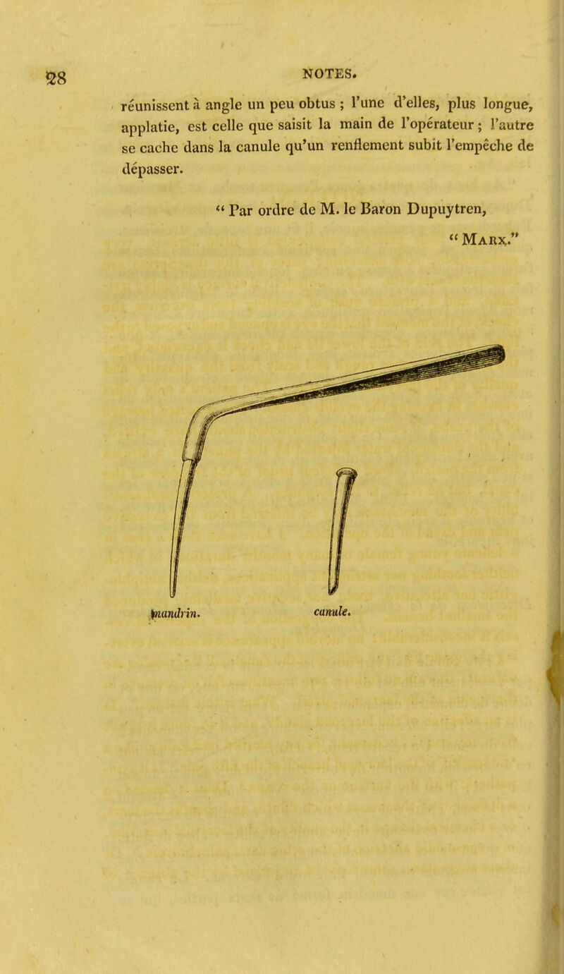 reunissent a angle un peu obtus ; Tune d'elles, plus longue, applatie, est celle que saisit la inain de I'operateur; I'autre se cache dans la canule qu'un renflement subit I'empeche de depasser.  Par ordre de M. Ic Baron Dupuytren,  Marx;. J^nandrin. canule.