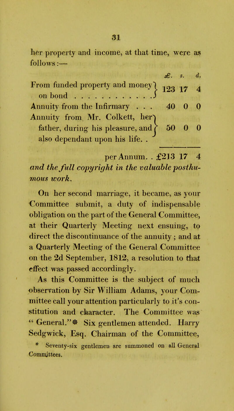 her property and income, at that time, were as follows:— £. s, d. From funded property and money) -^^y 4 on bond i Annuity from the Infirmary ... 40 0 0 Annuity from Mr. Colkett, her^j father, during his pleasure, and r 50 0 0 also dependant upon his life. . per Annum. . £213 17 4 and the full copyright in the valuable posthu- mous work. On her second marriage, it became, as your Committee submit, a duty of indispensable obligation on the part of the General Committee, at their Quarterly Meeting next ensuing, to direct the discontinuance of the annuity; and at a Quarterly Meeting of the General Committee on the 2d September, 1812, a resolution to that effect was passed accordingly. As this Committee is the subject of much observation by Sir William Adams, your Com- mittee call your attention particularly to it's con- stitution and character. The Committee was  General.* Six gentlemen attended. Harry Sedgwick, Esq. Chairman of the Committee, * Seventy-six gentlemen are summoned on all General Comnuttees.