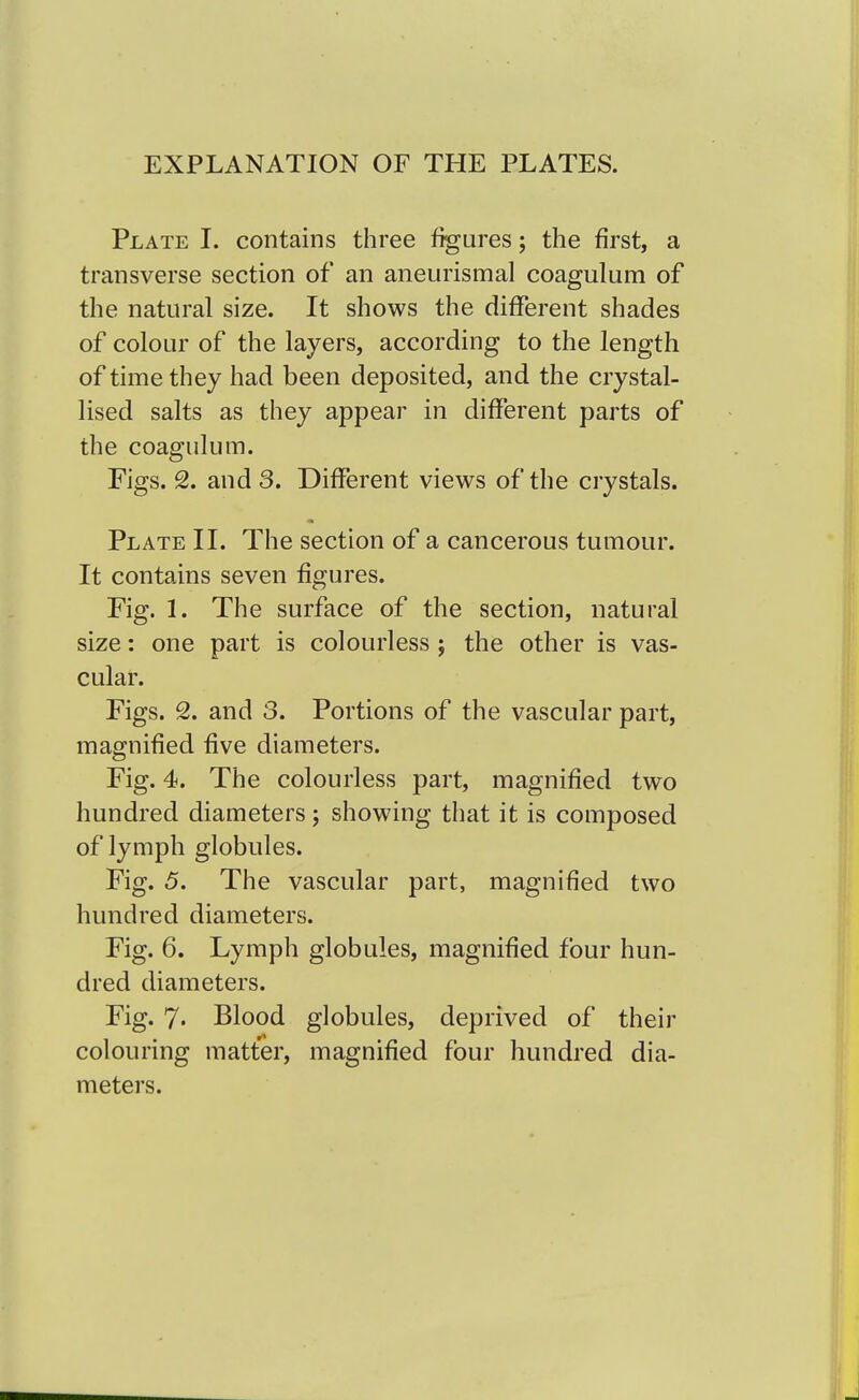 EXPLANATION OF THE PLATES. Plate I. contains three figures; the first, a transverse section of an aneurismal coagulum of the natural size. It shows the different shades of colour of the layers, according to the length of time they had been deposited, and the crystal- lised salts as they appear in different parts of the coagulum. Figs. 2. and 3. Different views of the crystals. Plate II. The section of a cancerous tumour. It contains seven figures. Fig. 1. The surface of the section, natural size: one part is colourless ; the other is vas- cular. Figs. 2. and 3. Portions of the vascular part, magnified five diameters. Fig. 4. The colourless part, magnified two hundred diameters; showing that it is composed of lymph globules. Fig. 5. The vascular part, magnified two hundred diameters. Fig. 6. Lymph globules, magnified four hun- dred diameters. Fig. 7« Blood globules, deprived of their colouring matter, magnified four hundred dia- meters.