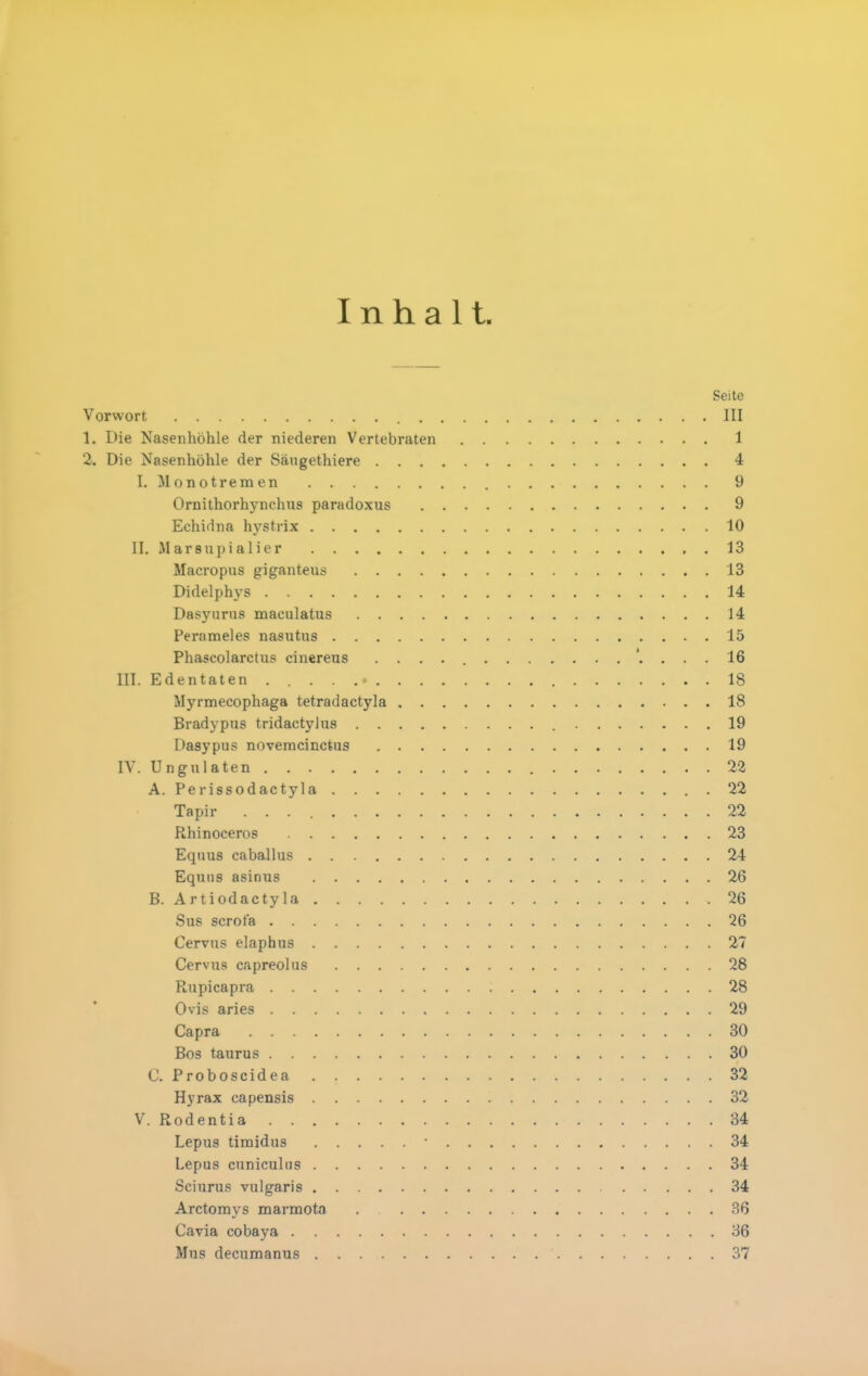 Inhalt. Seite Vorwort III 1. Die Nasenhöhle der niederen Vertebraten 1 2. Die Nasenhöhle der Sängethiere 4 I. Monotremen 9 Ornithorhynchus paradoxus 9 Echidna hystrix 10 II. Marsupialier 13 Macropus giganteus 13 Didelphys 14 Dasyurns maculatus 14 Perameles nasutus 15 Phascolarctus cinereus '. . . . 16 III. Edentaten 18 Myrmecophaga tetradactyla 18 Bradypus tridactyhis 19 Dasypus novemcincUis 19 IV. Ungulaten 22 A. Perissodactyla .22 Tapir 22 Rhinoceros 23 Equus caballus 24 Equiis asinus 26 B. Artiodactyla 26 Sus scrota 26 Cervus elaphus 27 Cervus capreolus 28 Rupicapra 28 Ovis aries 29 Capra 30 Bos taurus 30 C. Proboscidea 32 Hyrax capensis 32 V. Rodentia 34 Lepus timidus • 34 Lepus cuniculus 34 Sciurus vulgaris 34 Arctomys marmota . 36 Cavia cobaya 36 Mus decumanus 37