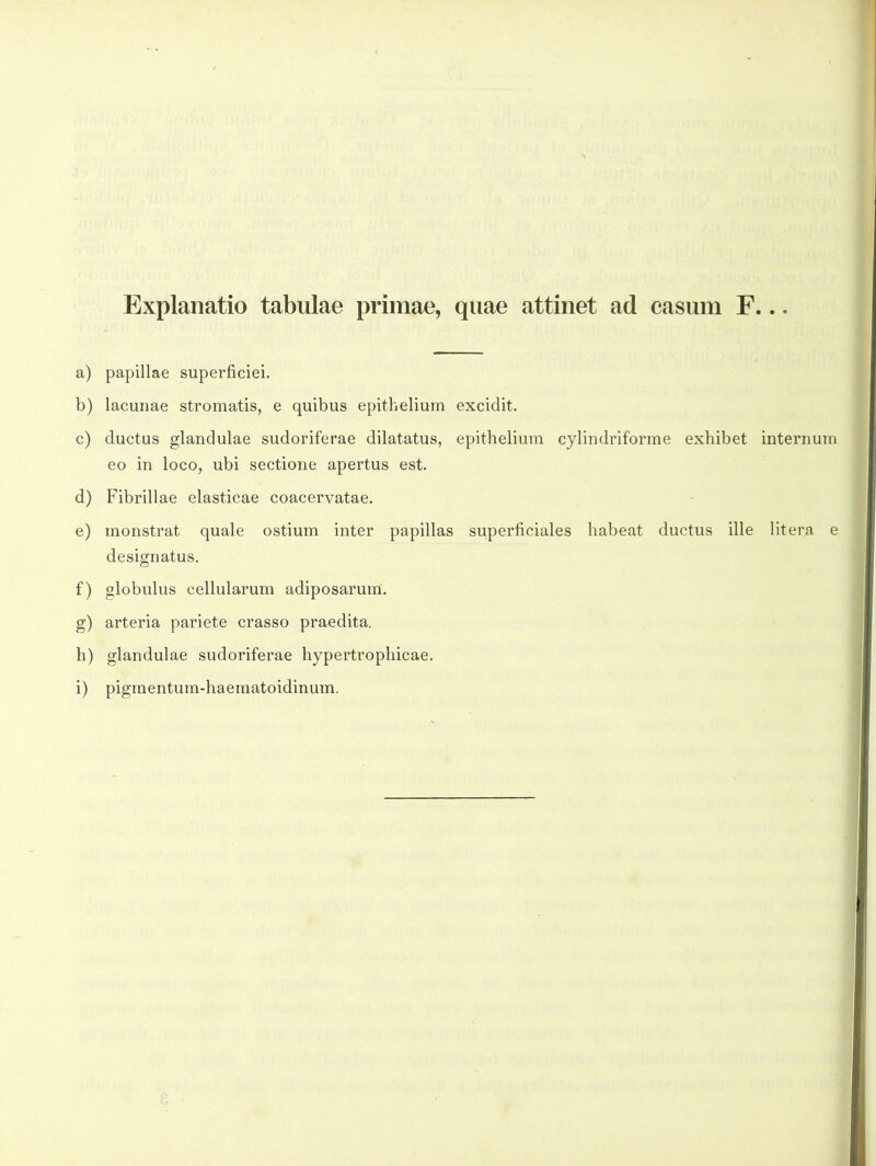 Explanatio tabulae primae, qiiae attinet ad casum F... a) papillae superficiei. b) lacunae stromatis, e quibus epithelium c) ductus glandulae sudoriferae dilatatus, eo in loco, ubi sectione apertus est. d) Fibrillae elasticae coacervatae. e) monstrat quale ostium inter papillas designatus. f) globulus cellularum adiposarum. g) arteria pariete crasso praedita. h) glandulae sudoriferae hypertrophicae. i) pigmentum-haematoidinum. excidit. epithelium cylindriforme exhibet internum superficiales habeat ductus ille litera e