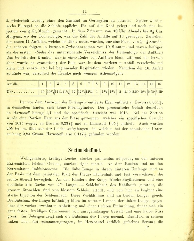 5. wiederholt wurde, ohne den Zustand im Geringsten zu bessern. Später v/urden sechs Blutegel an die Schläfe applicirt, Eis auf den Kopf gelegt und noch eine In- jection von |- Gr. Morph, gemacht. In dem Zeitraum von 10 Uhr Abends bis 3^ Uhr Morgens, wo der Tod erfolgte, war die Zahl der Anfälle auf 16 gestiegen. Zwischen den ersten 11 Anfällen, welche bis Uhr 2 notirt wurden, war eine Pause von | — ^ Stunde, die anderen folgten in kürzeren Zwischenräumen von 10 Minuten und waren heftiger als die ersten. (Siehe das untenstehende Verzeichniss der Reihenfolge der Anfälle.) Das Gesicht der Kranken war in einer Reihe von Anfällen blass, während der letzten aber wurde es cyanotisch; der Puls war in dem vorletzten Anfall verschwindend klein und kehrte erst bei beginnender Respiration wieder. Nachdem der 16. Anfall zu Ende war, verschied die Kranke nach wenigen Athemzügen; Anfälle 1 2 3 4 5 6 7 8 9 10 11 12 13 14 15 16 Uhr 10 10 IIV4 n% 12 12 V2 123/4 1 V/i P/4 2 2.10' 2.20' 2V2 2.55' 3.25' Der vor dem Ausbruch der E<'lampsie entleerte Harn enthielt an Eiweiss 0,0540; in demselben fanden sich keine Fibrincylinder. Der procentische Gehalt desselben an Harnstoff betrug 1,4 und das specifische Gewicht war 1013. Bei der Section wurde eine Portion Harn aus der Blase gewonnen, welcher ein specifisches Gewicht von 1015 zeigte, an Eiweiss 0,234i^ und an Harnstolf 1,65 {] enthielt. Auch wurden 205 Grmm. Blut aus der Leiche aufgefangen, in welchen bei der chemischen Unter- suchung 0,24 Grmm. Harnstoff, also 0,117^ gefunden wurden. Sectionsbefiind. Wohlgenährte, kräftige Leiche, starker panniculus adiposus, an den unteren Extremitäten leichtes Oedem, starker rigor mortis. An dem Rücken und an den Extremitäten Imbitionsröthe. Die linke Lunge in ihrem hinteren Umfange und an der Basis mit dem parietalen Blatt der Pleura fiächenhaft und fest verwachsen; die rechte überall beweglich. An den Rändern der Zunge frische Sugillationen und eine deutliche alte Narbe von 2'^' Länge. — Schleimhaut des Kehlkopfs geröthet, die grossen Bronchien sind von blossem Schleim erfüllt, und von hier an beginnt eine starke Injection der Sehleimhaut. Diese Verhältnisse sind an beiden Lungen gleich. Die Substanz der Lunge lufthaltig; bloss im unteren Lappen der linken Lunge, gegen- über der vorher erwähnten Anheftung und einer tieferen Einfurchung, findet sich ein ganz festes, kreidiges Concrement von unregelmässiger Gestalt und eine halbe Nuss gross. Im Uebrigen zeigt sich die Substanz der Lunge normal. Das Herz in seinem linken Theil fest zusammengezogen, im Herzbeutel röthlich gefärbtes Serum; die 3*