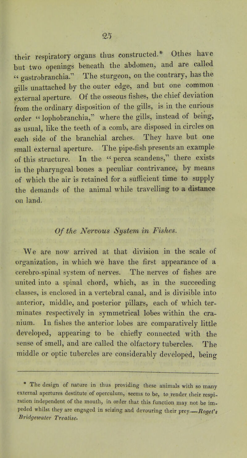 their respiratory organs thus constructed.* 0thes have but two openings beneath the abdomen, and are called  gastrobranchia;' The sturgeon, on the contrary, has the gills unattached by the outer edge, and but one common external aperture. Of the osseous fishes, tlie chief deviation from the ordinary disposition of the gills, is in the curious order  lophobranchia,'' where the gills, instead of being, as usual, like the teeth of a comb, are disposed in circles on each side of the branchial arches. They have but one small external aperture. The pipe-fish presents an example of this structure. In the  perca scandens, there exists in the pharyngeal bones a peculiar contrivance, by means of which the air is retained for a sufficient time to supply the demands of the animal while travelling to a distance on land. Of the Nervous System in Fishes. We are now arrived at that division in the scale of organization, in which we have the first appearance of a cerebro-spinal system of nerves. The nerves of fishes are united into a spinal chord, which, as in the succeeding classes, is enclosed in a vertebral canal, and is divisible into anterior, middle, and posterior pillars, each of which ter- minates respectively in symmetrical lobes within the cra- nium. In fishes the anterior lobes are comparatively little developed, appearing to be chiefly connected with the sense of smell, and are called the olfactory tubercles. The middle or optic tubercles are considerably developed, being • The design of nature in thus providing these animals with so many external apertures destitute of operculum, seems to be, to render their respi- ration independent of the mouth, in order that this function may not be im- peded whilst they are engaged in seizing and devouring their prey Rogcl's Bridgewuter Treatise.