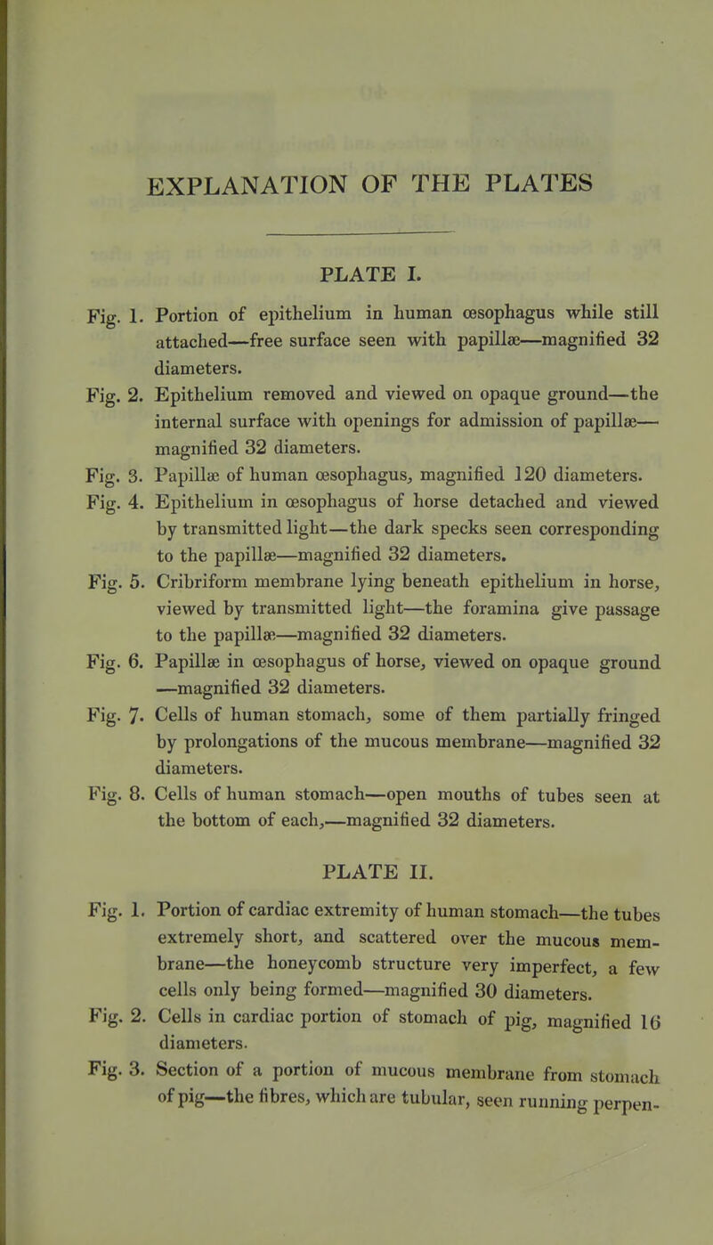 EXPLANATION OF THE PLATES PLATE I. Fig. 1. Portion of epithelium in human oesophagus while still attached—free surface seen with papillse—magnified 32 diameters. Fig. 2. Epithelium removed and viewed on opaque ground—the internal surface with openings for admission of papillae— magnified 32 diameters- Fig. 3. Papillae of human oesophagus, magnified 120 diameters. Fig. 4. Epithelium in oesophagus of horse detached and viewed by transmitted light—the dark specks seen corresponding to the papillae—magnified 32 diameters. Fig. 5. Cribriform membrane lying beneath epithelium in horse, viewed by transmitted light—the foramina give passage to the papillse—magnified 32 diameters. Fig. 6. Papillae in oesophagus of horse, viewed on opaque ground —magnified 32 diameters. Fig. 7- Cells of human stomach, some of them partially fringed by prolongations of the mucous membrane—magnified 32 diameters. Fig. 8. Cells of human stomach—open mouths of tubes seen at the bottom of each,—magnified 32 diameters. PLATE II. Fig. 1. Portion of cardiac extremity of human stomach—the tubes extremely short, and scattered over the mucous mem- brane—the honeycomb structure very imperfect, a few cells only being formed—magnified 30 diameters. Fig. 2. Cells in cardiac portion of stomach of pig, magnified 10 diameters. Fig. 3. Section of a portion of mucous membrane from stomach of pig—the fibres, which are tubular, seen running perpen-