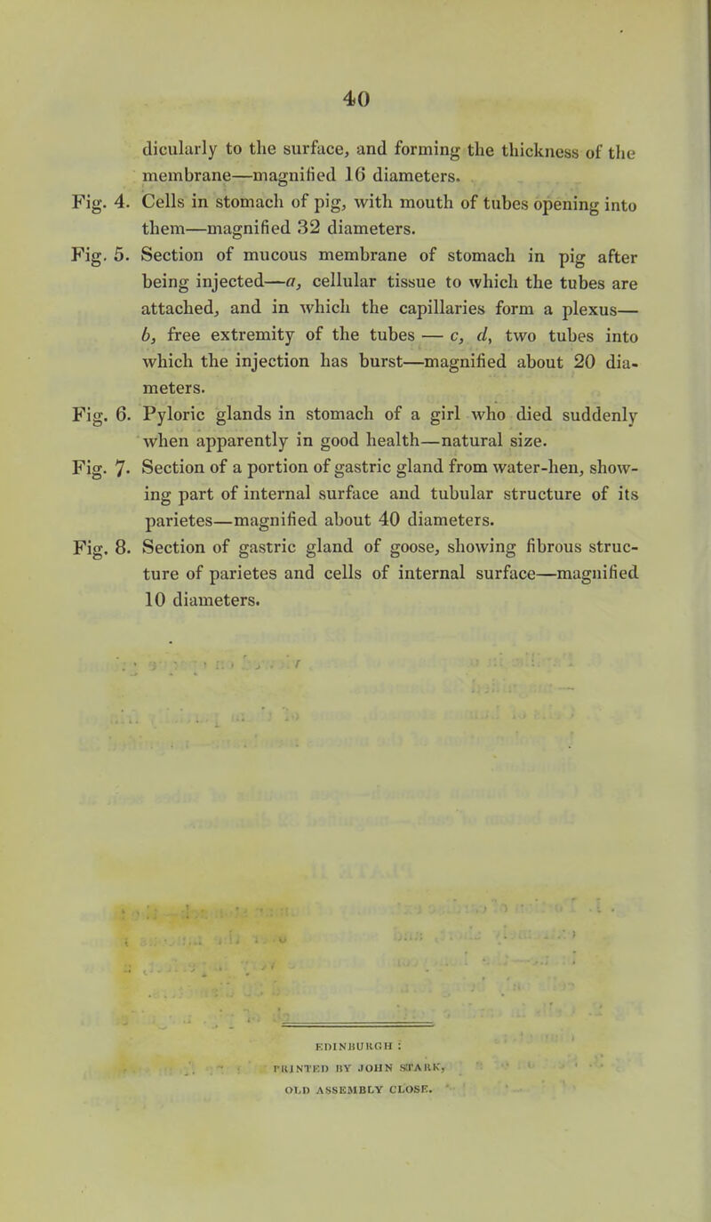 dicularly to the surface, and forming the thickness of the membrane—magnified 16 diameters. Fig. 4. Cells in stomach of pig, with mouth of tubes opening into them—magnified 32 diameters. Fig. 5. Section of mucous membrane of stomach in pig after being injected—a, cellular tissue to which the tubes are attached, and in which the capillaries form a plexus— b, free extremity of the tubes — c, two tubes into which the injection has burst—magnified about 20 dia- meters. Fig. 6. Pyloric glands in stomach of a girl who died suddenly when apparently in good health—natural size. Fig. 7' Section of a portion of gastric gland from water-hen, show- ing part of internal surface and tubular structure of its parietes—magnified about 40 diameters. Fig. 8. Section of gastric gland of goose, showing fibrous struc- ture of parietes and cells of internal surface—magnified 10 diameters. I IUNTED BY JOHN StTARK, OI,D ASSEMBLY CLOSE. '