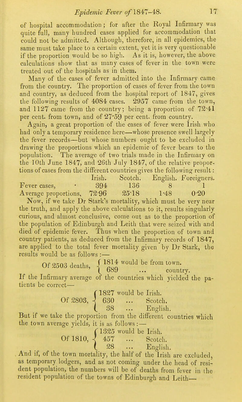 of hospital accommodation; for after the Royal Infirmary was quite full, many hundred cases applied for accommodation that could not be admitted. Although, therefore, in all epidemics, the same must take place to a certain extent, yet it is very questionable if the proportion would be so high. As it is, however, the above calculations show that as many cases of fever in the town were treated out of the hospitals as in them. Many of the cases of fever admitted into the Infirmary came from the country. The proportion of cases of fever from the town and country, as deduced from the hospital report of 1847, gives the following results of 4084 cases. 2957 came from the town, and 1127 came from the country; being a proportion of 72'41 per cent, from town, and of 27*59 per cent, from country. Again, a great proportion of the cases of fever were Irish who had only a temporary residence here—whose presence swell largely the fever records—but whose numbers ought to be excluded in drawing the proportions which an epidemic of fever bears to the population. The average of two trials made in ihe Infirmary on the 10th June 1847, and 26th July 1847, of the relative propor- tions of cases from the different countries gives the following result: Irish. Scotch. English. Foreigners. Fever cases, • 394 136 8 1 Average proportions, 72 96 25-18 1-48 0 20 Now, if we take Dr Stark's mortality, which must be very near the truth, and apply the above calculations to it, results singularly curious, and almost conclusive, come out as to the proportion of the population of Edinburgh and Leith that were seized with and died of epidemic fever. Thus when the proportion of town and country patients, as deduced from the Infirmary records of 1847, are applied to the total fever mortality given by Dr Stark, the results would be as follows :— Of 2503 deaths, \ ^f^l ^^^^'^ ( Doy ... country. If the Infirmary average of the countries which yielded the pa- tients be correct— r 1827 would be Irish. Of 2803, \ 630 ... Scotch. (. 38 ... English. But if we take the proportion from the different countries which the town average yields, it is as follows:— C1325 would be Irish. Of 1810, ^ 457 ... Scotch. ( 28 ... English. . And if, of the town mortality, the half of the Irish are excluded, as temporary lodgers, and as not coming under the head of resi- dent population, the numbers will be of deaths from fever in the resident population of the towns of Edinburgh and Leith