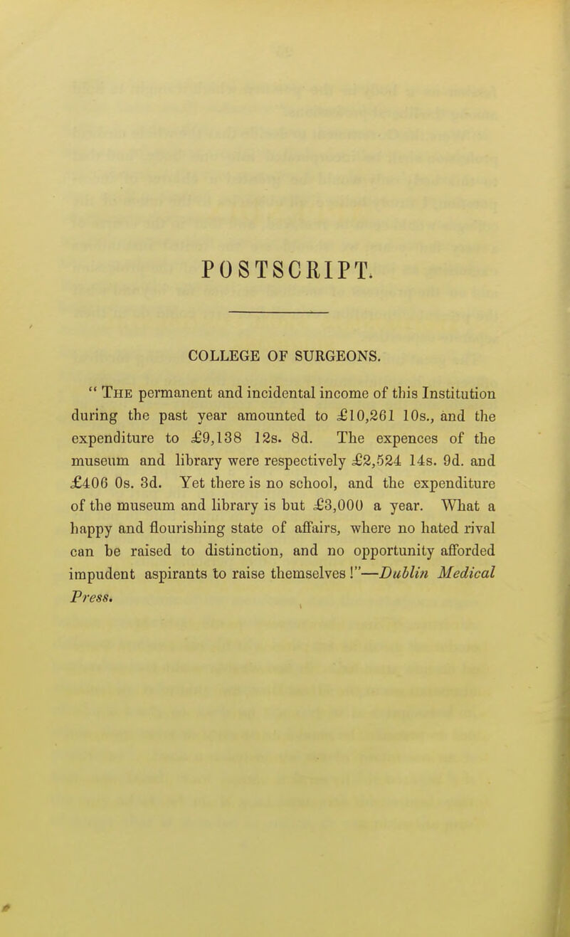 POSTSCRIPT. COLLEGE OF SURGEONS.  The permanent and incidental income of this Institution during the past year amounted to ^10,261 10s., and the expenditure to ^9,138 12s. 8d. The expences of the museum and library were respectively ^2,524 14s. 9d. and £406 Os. 3d. Yet there is no school, and the expenditure of the museum and library is but ^£3,000 a year. What a happy and flourishing state of affairs, where no hated rival can be raised to distinction, and no opportunity afforded impudent aspirants to raise themselves!—Dublin Medical Press,