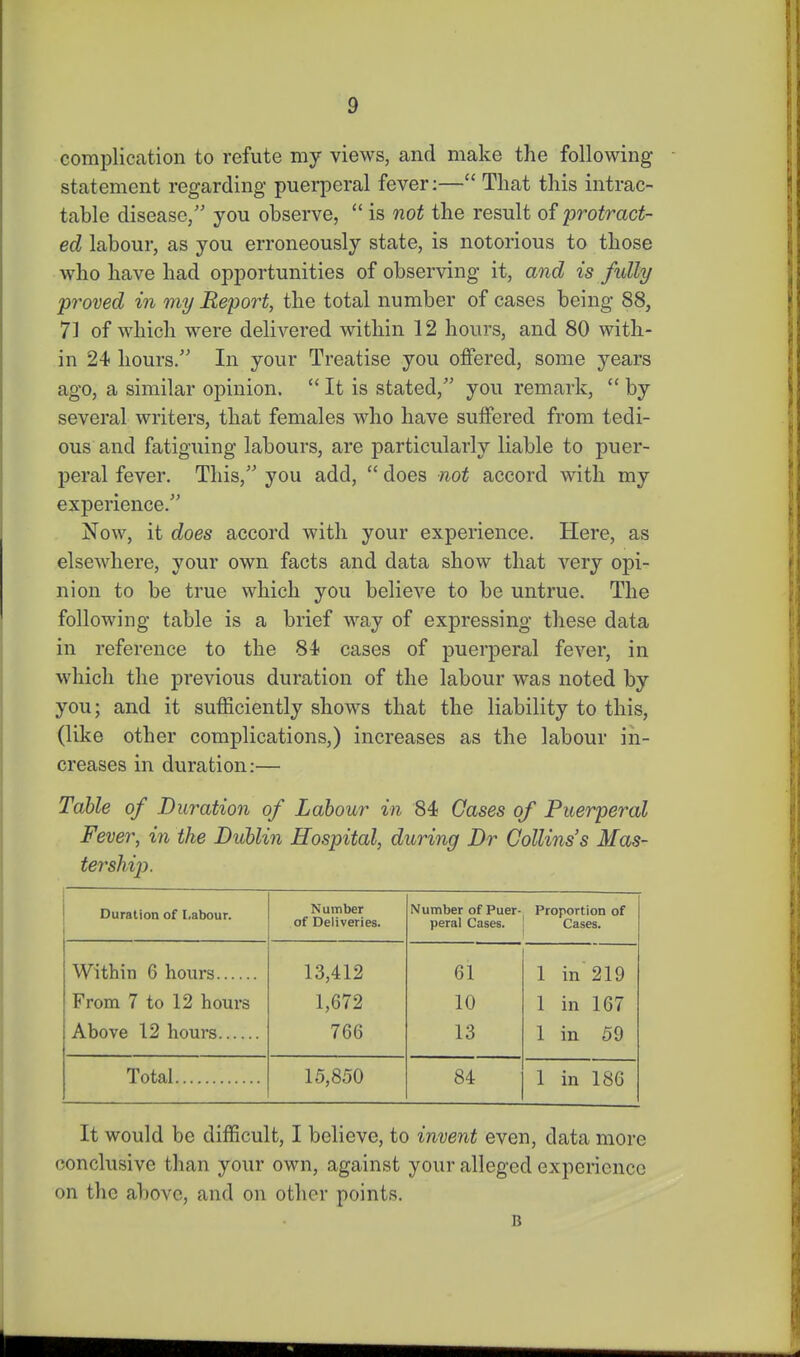 complication to refute my views, and make the following statement regarding puerperal fever:— That this intrac- table disease/' you observe,  is not the result of protract- ed labour, as you erroneously state, is notorious to those who have had opportunities of observing it, and is fidly proved in my Report, the total number of cases being 88, 71 of which were delivered within 12 hours, and 80 with- in 24 hours. In your Treatise you offered, some years ago, a similar opinion.  It is stated, you remark,  by several writers, that females who have suffered from tedi- ous and fatiguing labours, are particularly liable to puer- peral fever. This, you add,  does not accord with my experience. Now, it does accord with your experience. Here, as elsewhere, your own facts and data show that very opi- nion to be true which you believe to be untrue. The following table is a brief way of expressing these data in reference to the 84 cases of puerperal fever, in which the previous duration of the labour was noted by you; and it sufficiently shows that the liability to this, (like other complications,) increases as the labour in- creases in duration:— Table of Duration of Labour in 84 Gases of Puerperal Fever, in the Dublin Hospital, during Dr Collins's Mas- tershij). Duration of Labour. Number of Deliveries. Number of Puer- peral Cases. Proportion of Cases. Within 6 hours 13,412 61 1 in 219 From 7 to 12 hours 1,672 10 1 in 167 Above 12 hours 766 13 1 in 59 Total 15,850 84 1 in 186 It would be difficult, I believe, to invent even, data more conclusive than your own, against your alleged experience on the a})0vc, and on other points. B