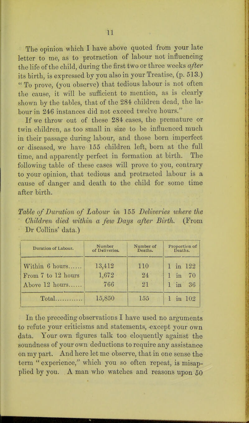 The opinion which I have above quoted from your late letter to me, as to protraction of labour not influencing the life of the child, during the first two or three weeks after its birth, is expressed by you also in your Treatise, (p. 513.)  To prove, (you observe) that tedious labour is not often the cause, it will be sufficient to mention, as is clearly shown by the tables, that of the 284 children dead, the la- bour in 246 instances did not exceed twelve hours. If we throw out of these 284 cases, the premature or twin children, as too small in size to be influenced much in their passage during labour, and those born imperfect or diseased, we have 155 children left, born at the full time, and apparently perfect in formation at birth. The following table of these cases will prove to you, contraiy to your opinion, that tedious and protracted labour is a cause of danger and death to the child for some time after birth. Table of Duration of Labour in 155 Deliveries where the Children died within a few Days after Birth. (From Dr Collins' data.) Duration of Labour. Number of Deliveries. Number of Deaths. Proportion of Deatlis. Within 6 hours 13,412 110 1 in 122 From 7 to 12 hours 1,672 24 1 in 70 766 21 1 in 36 Total 15,850 155 1 in 102 In the preceding observations I have used no arguments to refute your criticisms and statements, -except your own data. Your own figures talk too eloquently against the soundness of your own deductions to require any assistance on my part. And here let me observe, that in one sense the term  experience, which you so often repeat, is misap- plied by you. A man who watches and reasons upon 60