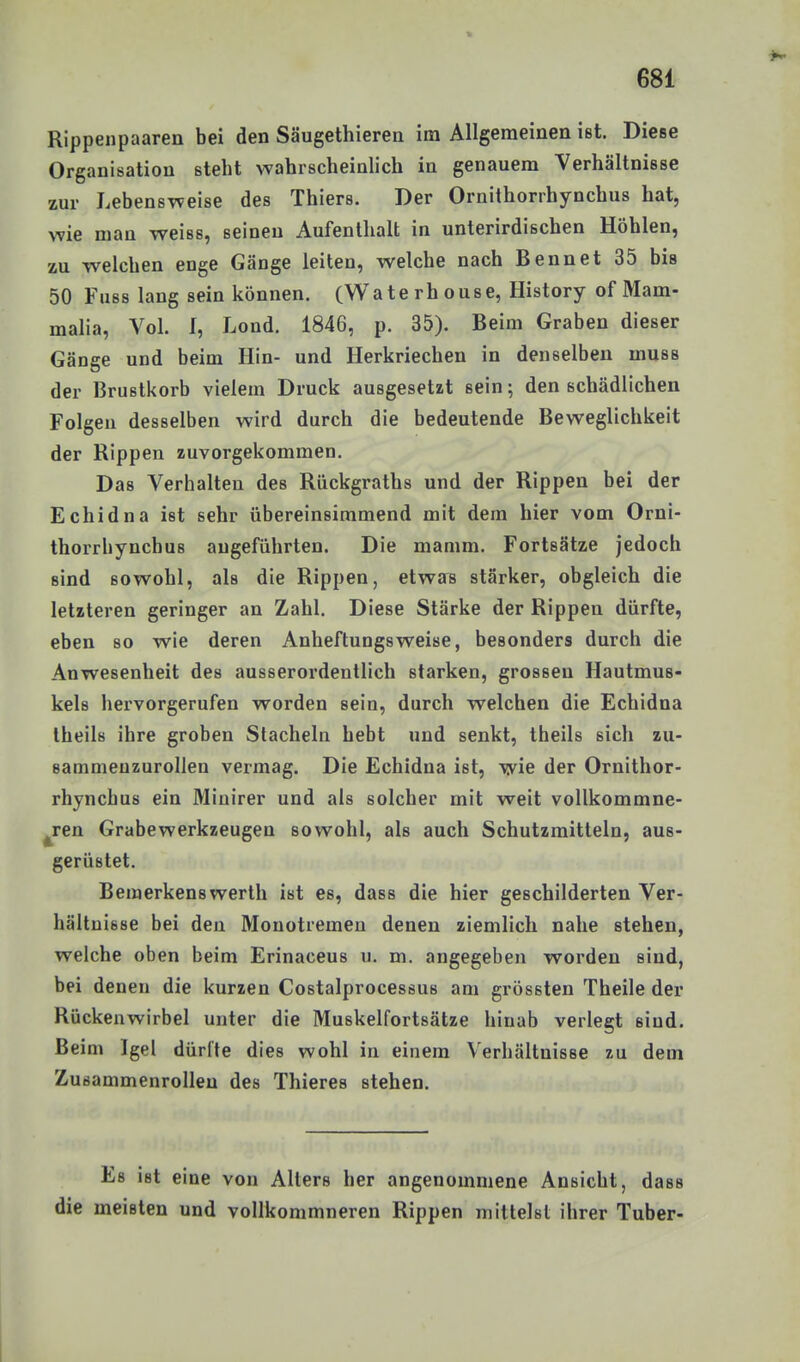 Rippenpaaren bei den Säugethieren im Allgemeinen ist. Diese Organisation steht wahrscheinlich in genauem Verhältnisse zur Lebensweise des Thiers. Der Ornithorrhynchus hat, wie man weiss, seineu Aufenthalt in unterirdischen Höhlen, zu welchen enge Gänge leiten, welche nach Bennet 35 bis 50 Fuss lang sein können. (Wate rh ouse, History of Mam- malia, Vol. I, Lond, 1846, p. 35). Beim Graben dieser Gänge und beim Hin- und Herkriechen in denselben muss der Brustkorb vielem Druck ausgesetzt sein; den schädlichen Folgen desselben wird durch die bedeutende Beweglichkeit der Rippen zuvorgekommen. Das Verhalten des Rückgraths und der Rippen bei der Echidna ist sehr übereinsimmend mit dem hier vom Orni- thorrhynchus augeführten. Die mamm. Fortsätze jedoch sind sowohl, als die Rippen, etwas stärker, obgleich die letzteren geringer an Zahl. Diese Stärke der Rippen dürfte, eben so wie deren Anheftungsweise, besonders durch die Anwesenheit des ausserordentlich starken, grossen Hautmus- kels hervorgerufen worden sein, durch welchen die Echidna Iheils ihre groben Stacheln hebt und senkt, theils sich zu- sammenzurollen vermag. Die Echidna ist, wie der Ornithor- rhynchus ein Miuirer und als solcher mit weit voUkommne- ^ren Grabewerkzeugen sowohl, als auch Schutzmitteln, aus- gerüstet. Bemerkenswerth ist es, dass die hier geschilderten Ver- hältnisse bei den Monotremen denen ziemlich nahe stehen, welche oben beim Erinaceus u. m. angegeben worden sind, bei denen die kurzen Costalprocessus am grössten Theile der Rückenwirbel unter die Muskelfortsätze hinab verlegt sind. Beim Igel dürfte dies wohl in einem Verhältnisse zu dem Zusammenrollen des Thieres stehen. Es ist eine von Alters her angenommene Ansicht, dass die meisten und vollkommneren Rippen mittelst ihrer Tuber-