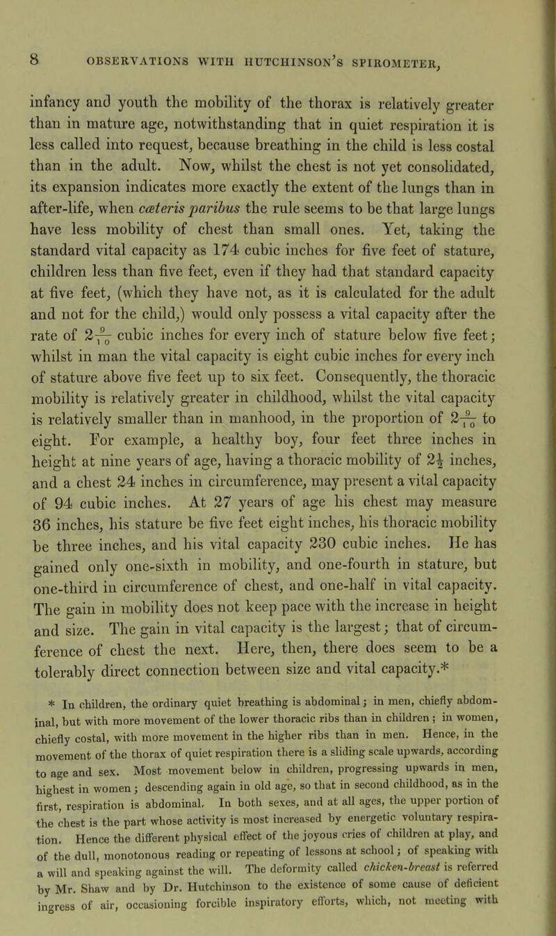 infancy and youth the mobility of the thorax is relatively greater than in mature age, notwithstanding that in quiet respiration it is less called into request, because breathing in the child is less costal than in the adult. Now, whilst the chest is not yet consolidated, its expansion indicates more exactly the extent of the lungs than in after-life, when ceteris paribus the rule seems to be that large lungs have less mobility of chest than small ones. Yet, taking the standard vital capacity as 174 cubic inches for five feet of stature, children less than five feet, even if they had that standard capacity at five feet, (which they have not, as it is calculated for the adult and not for the child,) would only possess a vital capacity after the rate of 2-^ cubic inches for every inch of stature below five feet; whilst in man the vital capacity is eight cubic inches for every inch of stature above five feet up to six feet. Consequently, the thoracic mobility is relatively greater in childhood, whilst the vital capacity is relatively smaller than in manhood, in the proportion of to eight. For example, a healthy boy, four feet three inches in height at nine years of age, having a thoracic mobility of 2\ inches, and a chest 24 inches in circumference, may present a vital capacity of 94 cubic inches. At 27 years of age his chest may measure 36 inches, his stature be five feet eight inches, his thoracic mobility be three inches, and his vital capacity 230 cubic inches. He has gained only one-sixth in mobility, and one-fourth in stature, but one-third in circumference of chest, and one-half in vital capacity. The gain in mobility does not keep pace with the increase in height and size. The gain in vital capacity is the largest; that of circum- ference of chest the next. Here, then, there does seem to be a tolerably du-ect connection between size and vital capacity.* * In children, the ordinary quiet breathing is abdominal j in men, chiefly abdom- inal, but with more movement of the lower thoracic ribs than in children ; in women, chiefly costal, with more movement in the higher ribs than in men. Hence, in the movement of the thorax of quiet respiration there is a sliding scale upwards, according to age and sex. Most movement below in children, progressing upwards in men, highest in women j descending again in old age, so that in second childhood, as in the first, respiration is abdominal. In both sexes, and at all ages, the upper portion of the chest is the part whose activity is most increased by energetic voluntary respira- tion. Hence the difierent physical effect of the joyous cries of children at play, and of the dull, monotonous reading or repeating of lessons at school j of speaking with a will and speaking against the will. The deformity called chicken-breast is referred by Mr. Shaw and by Dr. Hutchinson to the existence of some cause of deficient ingress of air, occasioning forcible inspiratory efforts, which, not meeting with