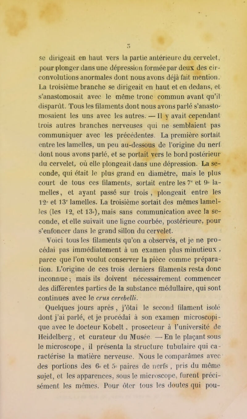 se dirigeait en haut vers la partie antérieure du cervelet, pour plonger tlans une dépression formée par deux des cir- convolutions anormales dont nous avons déjà fait mention. La troisième branche se dirigeait en haut et en dedans, et s'anastomosait avec le môme tronc commun avant qu'il disparût. Tous les filaments dont nous avons parlé s'anasto- mosaient les uns avec les autres. — Il y avait cependant trois autres branches nerveuses qui ne semblaient pas communiquer avec les précédentes. La première sortait entre les lamelles, un peu au-dessous de l'origine du nerl dont nous avons parlé, et se portait vers le bord postérieur du cervelet, où elle plongeait dans une dépression. La se- conde, qui était le plus grand en diamètre, mais le plus court de tous ces filaments, sortait entre les T et 9= la- melles, et ayant passé sur trois , plongeait entre les 12' et 13' lamelles. La troisième sortait des mômes lamel- les (les 12,, et l3o), mais sans communication avec la se- conde, et elle suivait une ligne courbée, postérieure, pour s'enfoncer dans le grand sillon du cervelet. Voici tous les filaments qu'on a observés, et je ne pro- cédai pas immédiatement à un examen plus minutieux, parce que l'on voulut conserver la pièce comme prépara- tion. L'origine de ces trois derniers filaments resta donc inconnue ; mais ils doivent nécessa>irement commencer des différentes parties de la substance médullaire, qui sont continues avec le crus cerebelli. Quelques jours après, j'ôtai le second filament isolé dont j'ai parlé, et je procédai à son examen microscopi- que avec le docteur Kobelt, prosecteur à l'université de Heidelberg , et curateur du Musée —^En le plaçant sous le microscope, il présenta la structure tubulaire qui ca- ractérise la matière nerveuse. Nous le comparâmes avec des portions des 6e et .'i'^ paires de nerfs, pris du môme sujet, et les apparences, sous le microscope, furent préci- sément les mômes. Pour ôter tous les doutes qui pou-