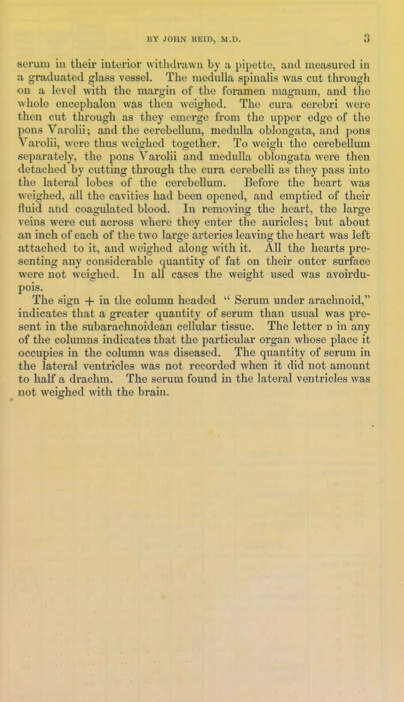 serum in their interior withdrawn by a pipette, and measured in a graduated glass vessel. The medulla spinalis was cut through on a level with the margin of the foramen magnum, and the whole eneephalon was then weighed. The cura cerebri were then cut through as they emerge from the upper edge of the pons Varolii; and the cerebellum, medulla oblongata, and pons Varolii, were thus weighed together. To w^eigh the cerebellum separately, the pons Varolii and medulla oblongata were then detached by cutting through the cura cerebelli as they pass into the lateral lobes of the cerebellum. Before the heart was weighed, all the cavities had been opened, and emptied of their fluid and coagulated blood. In removing the heart, the large veins were cut across where they enter the auricles; but about an inch of each of the two large arteries leaving the heart was left attached to it, and weighed along with it. All the hearts pre- senting any considerable quantity of fat on their outer surface were not weighed. In all cases the weight used was avoirdu- pois. The sign -|- in the column headed  Serum under arachnoid, indicates that a greater quantity of serum than usual was pre- sent in the subarachnoidean cellular tissue. The letter d in any of the columns indicates that the particular organ whose place it occupies in the column was diseased. The quantity of serum in the lateral ventricles was not recorded when it did not amount to half a drachm. The serum found in the lateral ventricles was not weighed with the brain.