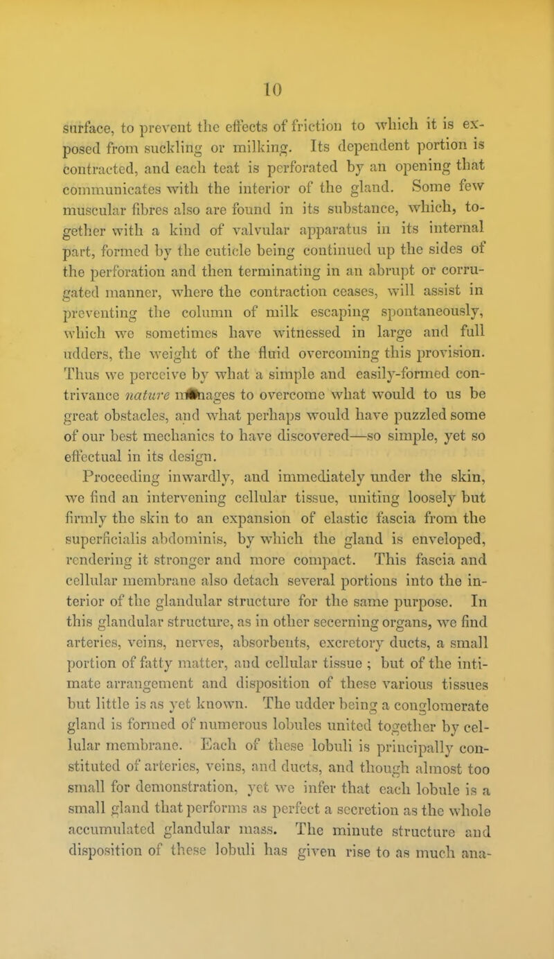 surface, to prevent the eftects of friction to which it is ex- posed from suckling or milking. Its dependent portion is contracted, and each teat is perforated by an opening that communicates with the interior of the gland. Some few muscular fibres also are found in its substance, which, to- gether with a kind of valvular apparatus in its internal part, formed by the cuticle being continued up the sides of the perforation and then terminating in an abrupt or corru- gated manner, where the contraction ceases, will assist in preventing the column of milk escaping spontaneously, which we sometimes have witnessed in large and full udders, the weight of the fluid overcoming this provision. Thus we perceive by what a simple and easily-formed con- trivance nature nlitiages to overcome what would to us be great obstacles, and what perhaps would have puzzled some of our best mechanics to have discovered—so simple, yet so effectual in its design. Proceeding inwardly, and immediately under the skin, we find an intervening cellular tissue, uniting loosely but firmly the skin to an expansion of elastic fascia from the superficialis abdominis, by which the gland is enveloped, rendering it stronger and more compact. This fascia and cellular membrane also detach several portions into the in- terior of the glandular structure for the same purpose. In this glandular structure, as in other secerning organs, we find arteries, veins, nerves, absorbents, excretory ducts, a small portion of fatty matter, and cellular tissue ; but of the inti- mate arrangement and disposition of these various tissues but little is as yet known. The udder being a conglomerate gland is fonned of numerous lobules united together by cel- lular membrane. Each of these lobuli is priucipilly con- stituted of arteries, veins, and ducts, and though almost too small for demonstration, yet we infer that each lobule is a small gland that performs as perfect a secretion as the whole accumulated glandular mass. The minute structure and disposition of these lobuli has given rise to as much ana-