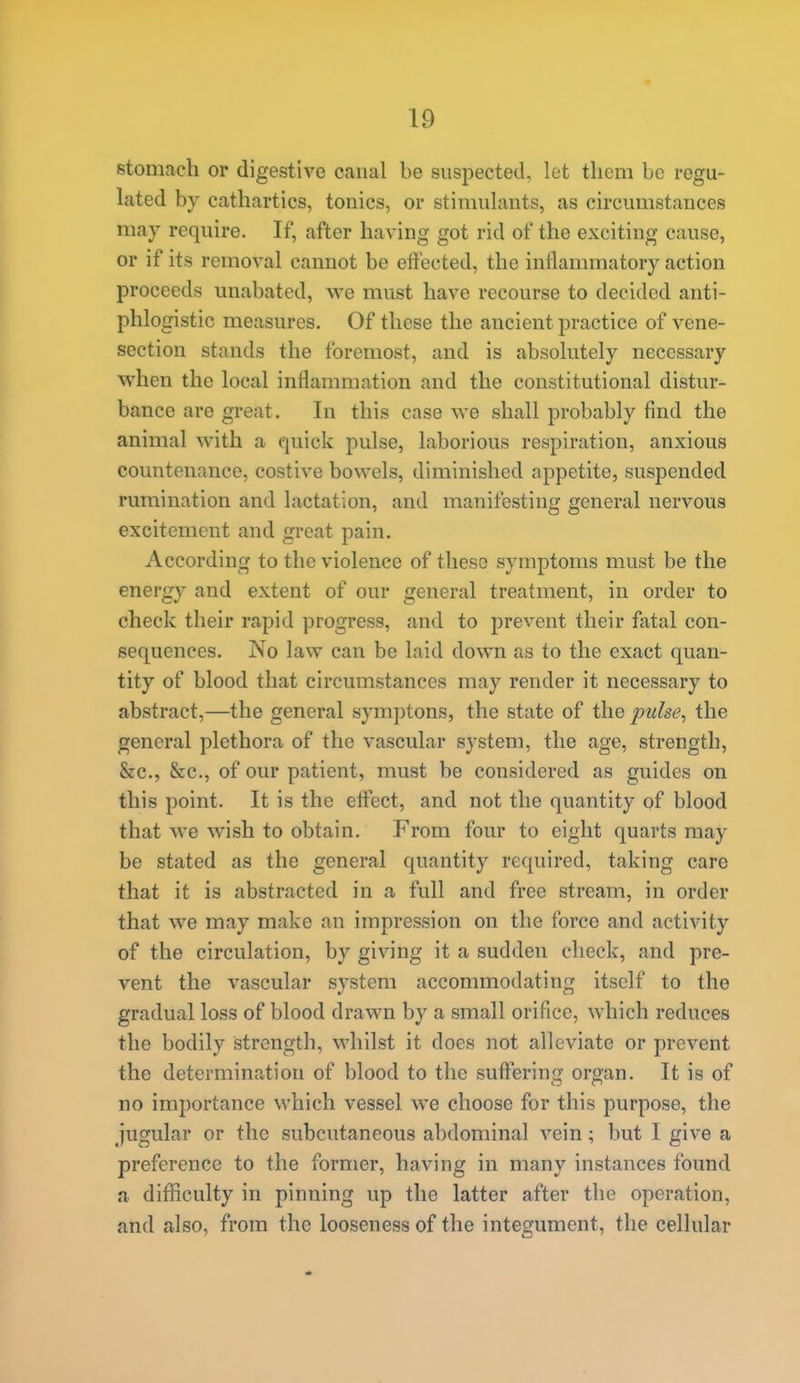 stomach or digestive canal be suspected, let tliem be regu- lated by cathartics, tonics, or stimulants, as circumstances may require. If, after having got rid of the exciting cause, or if its removal cannot be effected, the inflammatory action proceeds unabated, we must have recourse to decided anti- phlogistic measures. Of these the ancient practice of vene- section stands the foremost, and is absolutely necessary when the local inflammation and the constitutional distur- bance are great. In this case we shall probably find the animal with a quick pulse, laborious respiration, anxious countenance, costive bowels, diminished appetite, suspended rumination and lactation, and manifesting general nervous excitement and great pain. According to the violence of these symptoms must be the energy and extent of our general treatment, in order to check their rapid progress, and to prevent their fatal con- sequences. No law can be laid down as to the exact quan- tity of blood that circumstances may render it necessary to abstract,—the general symptons, the state of the pulse, the general plethora of the vascular system, the age, strength, &c., &c., of our patient, must be considered as guides on this point. It is the effect, and not the quantity of blood that we wish to obtain. From four to eight quarts may be stated as the general quantity required, taking care that it is abstracted in a full and free stream, in order that we may make an impression on the force and activity of the circulation, by giving it a sudden check, and pre- vent the vascular svstem accommodating itself to the gradual loss of blood drawn by a small orifice, which reduces the bodily strength, whilst it does not alleviate or prevent the determination of blood to the suffering organ. It is of no importance which vessel we choose for this purpose, the jugular or the subcutaneous abdominal vein; but I give a preference to the former, having in many instances found a difficulty in pinning up the latter after the operation, and also, from the looseness of the integument, the cellular