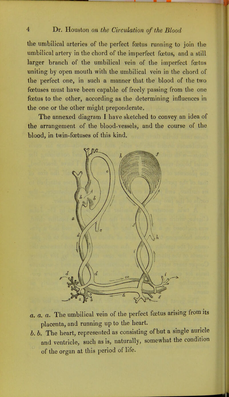 the umbilical arteries of the perfect foetus running to join the umbilical artery in the chord of the imperfect foetus, and a still larger branch of the umbilical vein of the imperfect foetus uniting by open mouth with the umbilical vein in the chord of the perfect one, in such a manner that the blood of the two foetuses must have been capable of freely passing from the one foetus to the other, according as the determining influences in the one or the other might preponderate. The annexed diagram I have sketched to convey an idea of the arrangement of the blood-vessels, and the course of the blood, in twin-foetuses of this kind. a. a. a. The umbilical vein of the perfect foetus arising from its placenta, and running up to the heart. b. b. The heart, represented as consisting of but a single auricle and ventricle, such as is, naturally, somewhat the condition of the organ at this period of life.