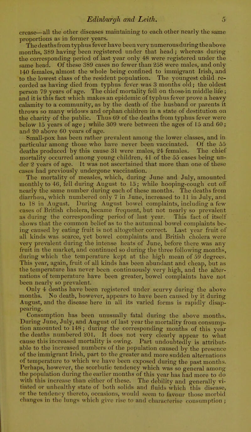 crease—all the other diseases maintaining to each other nearly the same proportions as in former years. The deaths from typhus fever have been very n umerous during the above months, 389 having been registered under that head; whereas during the corresponding period of last year only 48 were registered under the same head. Of these 389 cases no fewer than 258 were males, and only 140 females, almost the whole being confined to immigrant Irish, and to the lowest class of the resident population. The youngest child re- corded as having died from tj'phus feVer was 3 months old; the oldest person 79 years of age. The chief mortality fell on those-in middle life ; and it is this fact which makes an epidemic of typhus fever prove a heavy calamity to a community, as by the death of the husband or parents it throws so many widows and orphan children in a state of destitution on the charity of the public. Thus G9 of the deaths fiom typhus fever were below 15 years of age; while 309 were between the ages of 15 and 60; and 20 above 60 yeais of age. Small-pox has been rather prevalent among the lower classes, and in particular among those who have never been vaccinated. Of the 55 deaths produced by this cause 31 were males, 24 females. The chief mortality occurred among young children, 41 of the 55 cases being un- der 2 years of age. It was not ascertained that more than one of these cases had previously undergone vaccination. The mortality of measles, which, during June and July, amounted monthly to 46, tell during August to 15; while hooping-cough cut olF nearly the same number during each of tliese months. The deaths from diarrhoja, which numbered only 7 in June, increased to 11 in July, and to 18 in August. During August bowel complaints, including a few cases of British cholera, became frequent, but not nearly so prevalent as during the corresponding period of last year. This fact of itself shows that the common belief as to the autumnal bowel complaints be- ing caused by eating fruit is not altogether correct. Last year fruit of all kinds was scarce, yet bowel complaints and British cholera were very prevalent during the intense heats of June, before there was any fruit in the market, and continued so during the three following months, during which the temperature kept at the high mean of 59 degrees. This year, again, fruit of all kinds has been abundant and cheap, but as the temperature has never been continuously very high, and the alter- nations of temperature have been greater, bowel complaints have not been nearly so prevalent. Only 4 deaths have been registered under scurvy during the above months. No death, however, appears to have been caused by it during August, and the disease here in all its varied forms is rapidly disap- pearing. Consumption has been unusually fatal during the above months. During June, July, and August of last year the mortality from consump- tion amounted to 148; during the corresponding months of this year the deaths numbered 201. It does not very clejirly appear to what cause this increased mortality is owing. Part undoubtedly is attribut- able to the increased numbers of the population caused by the presence of the immigrant Irish, part to the greater and more sudden alternations of temperature to which we have been exposed during the past months. Perhaps, however, the scorbutic tendency which was so general among the population during the earlier months of this year has had more to do with this increase than either of these. The debility and generally vi- tiated or unhealtliy state of both solids and fluids which tiiis disease, or the tendency thereto, occasions, would seem to favour tiiose morl)i(l clianges in the lungs which give rise to and chani<!ferisc consumption ;