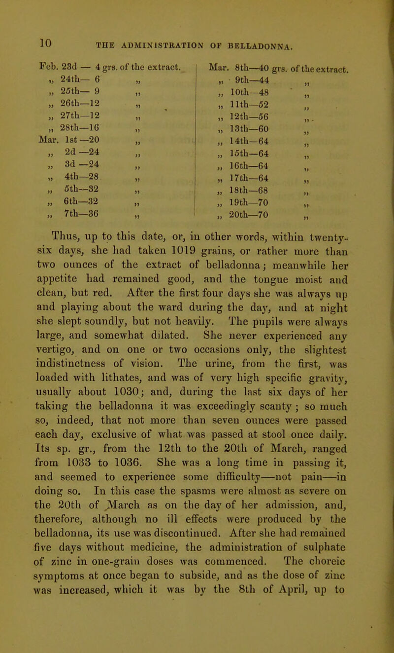 Feb. 23(] — 4gr8.of the extract. „ 24th— 6 „ 25th— 9 „ „ 26th—12 „ 27th—12 „ 28th—16 „ Mar. 1st—20 „ „ 2(1 —24 „ 3d —24 „ 4th—28 „ „ 5 th—32 „ „ 6th—32 „ „ 7th—36 „ Mar, 8th—10 grs. of the extract, „ 9th—44 „ lOth-48 „ 11th—52 „ 12th—56 „. „ 13th—60 „ „ 14th-64 „ 15th-64 „ 16th—64 „ 17th-64 „ 18th—68 „ 19th—70 „ 20th—70 Thus, up to this date, or, in other words, within twenty- six days, she liad taken 1019 grains, or rather more than two ounces of the extract of belladonna; meanwhile her appetite had remained good, and the tongue moist and clean, but red. After the first four days she was always up and playing about the ward during the day, and at night she slept soundly, but not heavily. The pupils were always large, and somewhat dilated. She never experienced any vertigo, and on one or two occasions only, the slightest indistinctness of vision. The urine, from the first, was loaded with lithates, and was of very high specific gravity, usually about 1030; and, during the last six days of her taking the belladonna it was exceedingly scanty ; so much so, indeed, that not more than seven ounces were passed each day, exclusive of what w^as passed at stool ouce daily. Its sp. gr., from the 12th to the 20th of March, ranged from 1033 to 1036. She was a long time in passing it, and seemed to experience some difficulty—not pain—in doing so. In this case the spasms were almost as severe on the 20th of March as on the day of her admission, and, therefore, although no ill effects were produced by the belladonna, its use was discontinued. After she had remained five days without medicine, the administration of sulphate of zinc in one-grain doses was commenced. The choreic symptoms at once began to subside, and as the dose of zinc was increased, which it was by the 8th of April, up to