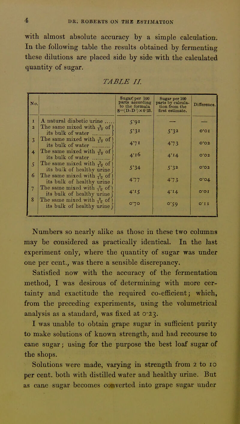 with almost absolute accuracy by a simple calculation. In the following table the results obtained by fermenting these dilutions are placed side by side with the calculated quantity of sugar. TABLE II. No. Sugar! per lUO parts according to the formula S=(D-D')xO-23. Sugar per 100 parts by calcula- tion from the first estimate. Differenct. I 3 A natural diabetic urine The same mixed with rir of l its bulk of water 1 5-91 5'3i 5'32 00I 3 The same mixed with j% of its bulk of water 4'7i 4-73 0'02 4 The same mixed with of its bulk of water 4i6 4-14 0*02 5 6 7 8 The same mixed with ^ of its bulk of healthy urine The same mixed with of its bulk of healthy urine The same mixed with of its bulk of healthy urine The same mixed with of its bulk of healthy urine 534 4'77 4i5 0*70 5'3a 473 4-14 o59 0'02 0'04 O'OI O'l I Numbers so nearly alike as those in these two columns may be considered as practically identical. In the last experiment only, where the quantity of sugar was under one per cent., was there a sensible discrepancy. Satisfied now with the accuracy of the fermentation method, I was desirous of determining with more cer- tainty and exactitude the required co-efficient; which, from the preceding experiments, using the volumetrical analysis as a standard, was fixed at 0*23. I was unable to obtain grape sugar in sufficient purity to make solutions of known strength, and had recourse to cane sugar; using for the purpose the best loaf sugar of the shops. Solutions were made, varying in strength from 2 to lo per cent, both with distilled water and healthy urine. But as cane sugar becomes converted into grape sugar under