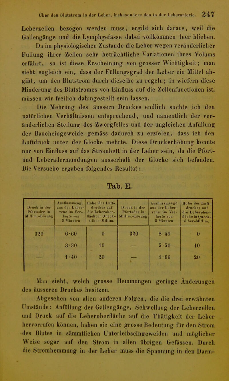 Leberzellen bezogen werden muss, ergibt sich diiraus, weil die Gallengäage und die Lymphgefässe dabei vollkommen leer blieben. Da im physiologischen Zustande die Leber wegen veränderlicher Füllung ihrer Zellen sehr beträchtliche Variationen ihres Volums erfährt, so ist diese Erscheinung von grosser Wichtigkeil; man sieht sogleich ein, dass der Füllungsgrad der Leber ein Mittel ab- gibt, um den Blutstrom durch dieselbe zu regeln; in wiefern diese Minderung des Blutstromes von Einfluss auf die Zellenfunctionen ist, müssen wir freilich dahingestellt sein lassen. Die Mehrung des äussern Druckes endlich suchte ich den natürlichen Verhältnissen entsprechend, und namentlich der ver- änderlichen Stellung des Zwergfelles und der ungleichen Anfüliung der Baucheingeweide gemäss dadurch zu erzielen, dass ich den Luftdruck unter der Glocke mehrte. Diese Druckerhöhung konnte nur von Einfluss auf das Strombett in der Leber sein, da die Pfort- und Leberadermündungen ausserhalb der Glocke sich befanden. Die Versuche ergaben folgendes Resultat: Tab. E. Druck in <ler Pfortuiler in Milliui.-Lüiiung AusHussineng-f aus (Um- Lelier- veiie im Ver- laufe vun 5 Minutfu Höhe «les Luft- druckes auf die Leberuber- llächc in Queck- silliei'-MilliiD. Druck in der Pfortüder in Millim.-Lösung Auädussmenge aus der Leber- veiie im Ver- laufe von 5 Minuten Höhe des Luft- druckes auf die Leberobep- llache in (^>ueck- silbcr-Alillim. 320 6-60 0 320 8-40 0 3-30 10 5-.^0 10 l-4() 20 b 1-66 20 Man sieht, welch grosse Hemmungen geringe Änderungen des äusseren Druckes besitzen. Abgesehen von allen anderen Folgen, die die drei erwähnten Umstände: Anfüliung der Gallengänge, Schwellung der Leberzellen und l)ruck auf die Leberoberfläche auf die Thätigkeit der Leber hervorrufen können, haben sie eine grosse Bedeutung für den Strom des Blutes in sämmtlichen Unterleibseingeweiden und möglicher Weise sogar auf den Strom in allen übrigen Gefässen. Durch die Stromhemmung in der Leber muss die Spannung in den Darm-