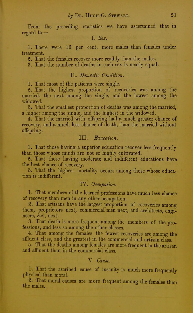 From the preceding statistics we have ascertained that in regard to— I. Sex. 1. There were 16 per cent, more males than females under treatment. 2. That the females recover more readily than the males. 3. That the number of deaths in each sex is nearly equal. II. Domestic Condition. 1. That most of the patients were single. 2. That the highest proportion of recoveries was among the married, the next among the single, and the lowest among the widowed. 3. That the smallest proportion of deaths was among the married, a higher among the single, and the highest in the widowed. 4. That the married with offspring had a much greater chance of recovery, and a much less chance of death, than the married without offspring. III. Education. 1. That those having a superior education recover less frequently than those whose minds are not so highly cultivated. 2. Tliat those having moderate and indifferent educations have the best chance of recovery. 3. That the highest mortality occurs among those whose educa« tion is indifferent. IV. Occupation. 1. That members of the learned professions have much less chance of recovery than men in any other occupation. 2. That artisans have the largest proportion of recoveries among them, proprietors next, commercial men next, and architects, engi- neers, &c., next. 3. That death is more frequent among the members of the pro- fessions, and less so among the other classes. 4. That among the females the fewest recoveries are among the affluent class, and the greatest in the commercial and artisan class. 6. That the deaths among females are more frequent in the artisan and affluent than in the commercial class. V. Cause. 1. That the ascribed cause of insanity is much more frequently physical than moral. 2. That moral causes are more frequent among the females than the males.