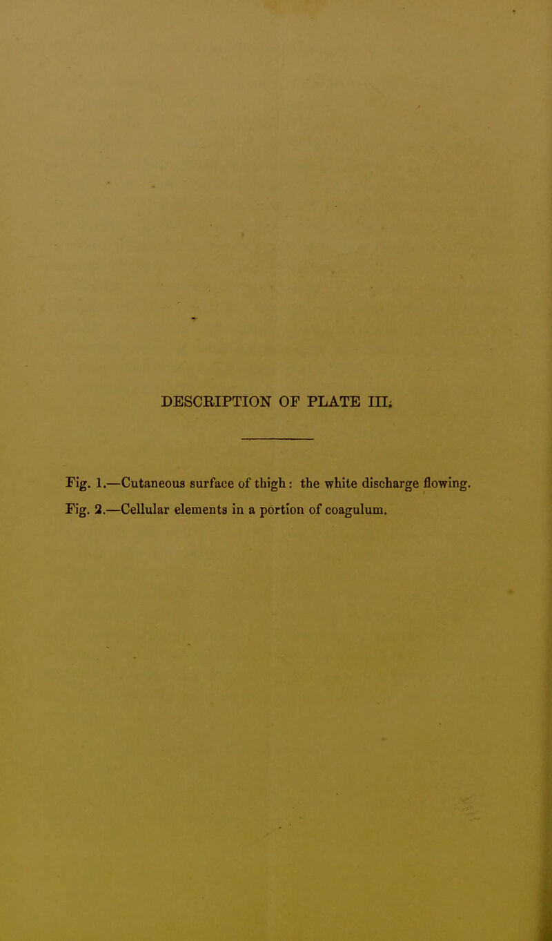 DESCRIPTION OF PLATE IH; Fig. 1.—Cutaneous surface of thigh: the white discharge flowing. Fig. 2.—Cellular elements in a portion of coagulum.