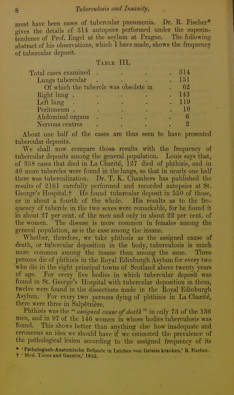 must have been cases of tubercular pneumonia. Dr. R. Fischer'*' gives the details of 314 autopsies performed under the superin- tendence of Prof. Engel at the asylum at Prague. The following abstract of his observations, which I have made, shows the frequency of tubercular deposit. About one half of the cases are thus seen to have presented tubercular deposits. We shall now compare thosa results with the frequency of tubercular deposits among the general population. Louis says that, of 358 cases that died in La Charite, 127 died of phthisis, and in 40 more tubercles were found in the Inngs, so that in nearly one half there was tubercuhzation. Dr. T. K. Chambers has published the results of 2161 carefully performed and recorded autopsies at St. George's Plospital.f He found tubercular deposit in 550 of those, or in about a fourth of the whole. His results as to the fre- quency of tubercle in the two sexes were remarkable, for he found it in about 27 per cent, of the men and only in about 22 per cent, of the women. The disease is more common in females among the general population, as is the case among the insane. Whether, therefore, we take phthisis as the assigned cause of death, or tubercular deposition iji the body, tuberculosis is much more common among the insane than among the sane. Tliree persons die of phthisis in the Royal Edinburgh Asylum for every two who die in the eight principal towns of Scotland above twenty years of age. Tor every five bodies in which tubercular deposit was found in St. George's Hospital with tubercular deposition in them, twelve were found in the dissections made in the Royal Edinburgh Asylum. Por every two persons dying of phthisis in La Charite, there were three in Salpetriere. Phthisis was the  assigned cause of death  in only 73 of the 136 Inen, and in 97 of the 146 women in whose bodies tuberculosis was found. This shows better than anything else how inadequate imd erroneous an idea we should have if we estimated the prevalence of the pathological lesion according to the assigned frequency of its * ' Pathologisch-Anatomische Befunde in Leichen von Geistes kranken,' R. Fischer, t ' M(;d. Times and Gazette,' 1852. Table III. Total cases examined Lungs tubercular Of which the tubercle was obsolete in Right lung . Left lung .... Peritoneum .... Abdominal organs . Nervous centres 314 151 62 143 119 10 6 2