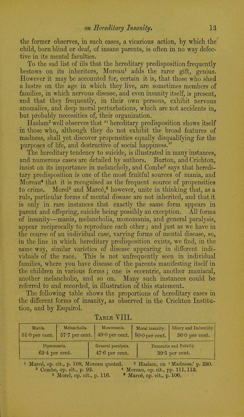 the former observes, in such cases, a vicarious action, by which the child, born blind or deaf, of insane parents, is often in no way defec- tive in its mental faculties. To the sad list of ills that the hereditary predisposition frequently bestows on its inheritors, Moreau^ adds the rarer gift, genius. However it may be accounted for, certain it is, that those who shed a lustre on the age in which they live, are sometimes members of families, in which nervous disease, and even insanity itself, is present, and that they frequently, in their own persons, exhibit nervous anomalies, and deep moral perturbations, which are not accidents in, but probably necessities of, their organization. Haslam^ well observes that  hereditary predisposition shows itself in those who, although they do not exhibit the broad features of madness, shall yet discover propensities equally disqualifying for the purposes of hfe, and destructive of social happiness.'''' The hereditary tendency to suicide, is illustrated in many instances, and numerous cases are detailed by authors. Burton, and Crichton, insist on its importance in melancholy, and Combe^ says that heredi- tary predisposition is one of the most fruitful sources of mania, and Moreau^ that it is recognised as the frequent source of propensities to crime. MoreP and Marce,^ however, unite in thinking that, as a rule, particular forms of mental disease are not inherited, and that it is only in rare instances that exactly the same form appears in parent and ofiPspring, suicide being possibly an exception. AH forms of insanity—mania, melancholia, monomania, and general paralysis, appear reciprocally to reproduce each other; and just as we have in the course of an individual case, varying forms of mental disease, so, in the Une in which hereditary predisposition exists, we find, in the same way, similar varieties of disease appearing in different indi- ■viduals of the race. This is not unfrequently seen in individual families, where you have disease of the parents manifesting itself in the children in various forms; one is eccentric, another maniacal, another melanchohc, and so on. Many such instances could be referred to and recorded, in illustration of this statement. The following table shows the proportions of hereditary cases in the different forms of insanity, as observed in the Crichton Institu- tion, and by Esquirol. Table VIII. Mania. 510 per cent. Melancholia. 577 per cent. Monomania. 49'0 per cent. Moral insanity. 500 per cent. Idiocy and Imbecility. 36-0 per cent. Dipsomania. 63*4 per cent. General paralysis. 476 per cent. Dementia and Fatuity. 39'5 per cent. • Marce, op. cit., p. 108, Moreau quoted. ^ Haslam, on ' Madness,' p. 230. ' Combe, op. cit., p. 92. Moreau, op. cit., pp. Ill, 112. * Morel, op. cit., p. 116. • Marc6, op. cit., p. 106.