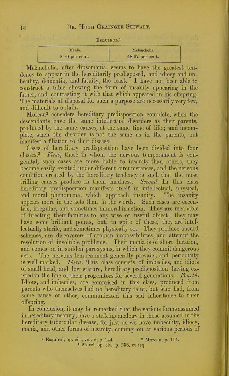 EsQinEOi.i Mania. Melaucholia. 24-9 per cent. 48'67 per cent. Melancholia, after dipsomania, seems to have the greatest ten- dency to appear in the hereditarily predisposed, and idiocy and im- becility, dementia, and fatuity, the least. I have not been able to construct a table showing the form of insanity appearing in the father, and contrasting it with that which appeared in his offspring. The materials at disposal for such a purpose are necessarily very few, and difficult to obtain. Moreau2 considers hereditary predisposition complete, when the descendants have the same intellectual disorders as their parents, produced by the same causes, at the same time of life; and incom- plete, when the disorder is not the same as in the parents, but manifest a filiation to their disease. Cases of hereditary predisposition have been divided into four classes.^ Mrst, those in whom the nervous temperament is con- genital, such cases are more liable to insanity than others, they become easily excited imder difl'erent circumstances, and the nervous condition created by the hereditary tendency is such that the most trifling causes produce in them madness. Semid. In this class hereditary predisposition manifests itself in intellectual, physical, and moral phenomena, which approach insanity. The insanity appears more in the acts than in the words. Such cases are eccen- tric, irregular, and sometimes immoral in action. They are incapable of directing their faculties to any wise or useful object; they may have some brilliant points, but, in spite of these, they are intel- lectually sterile, and sometimes physically so. They produce absurd schemes, are discoverers of Utopian impossibilities, and attempt the resolution of insoluble problems. Their mania is of short duration, and comes on in sudden paroxysms, in which they commit dangerous acts. The nervous temperament generally prevails, and periodicity is well marked. Third. This class consists of imbeciles, and idiots of small head, and low stature, hereditary predisposition having ex- isted in the line of their progenitors for several generations. Fourth. Idiots, and imbeciles, are comprised in this class, produced from parents who themselves had no hereditary taint, but who had, from some cause or other, communicated this sad inheritance to their offspring. In conclusion, it may be remarked that the various forms assumed in hereditary insanity, have a striking analogy in those assumed in the hereditary tubercular disease, for just as we have imbecility, idiocy, mania, and other forms of insanity, coming on at various periods of ' Esquirol, op. cit., vol. ii, p. 144. ^ Moreau, p. 114. * Morel, op. cit., p. 258, et scq.