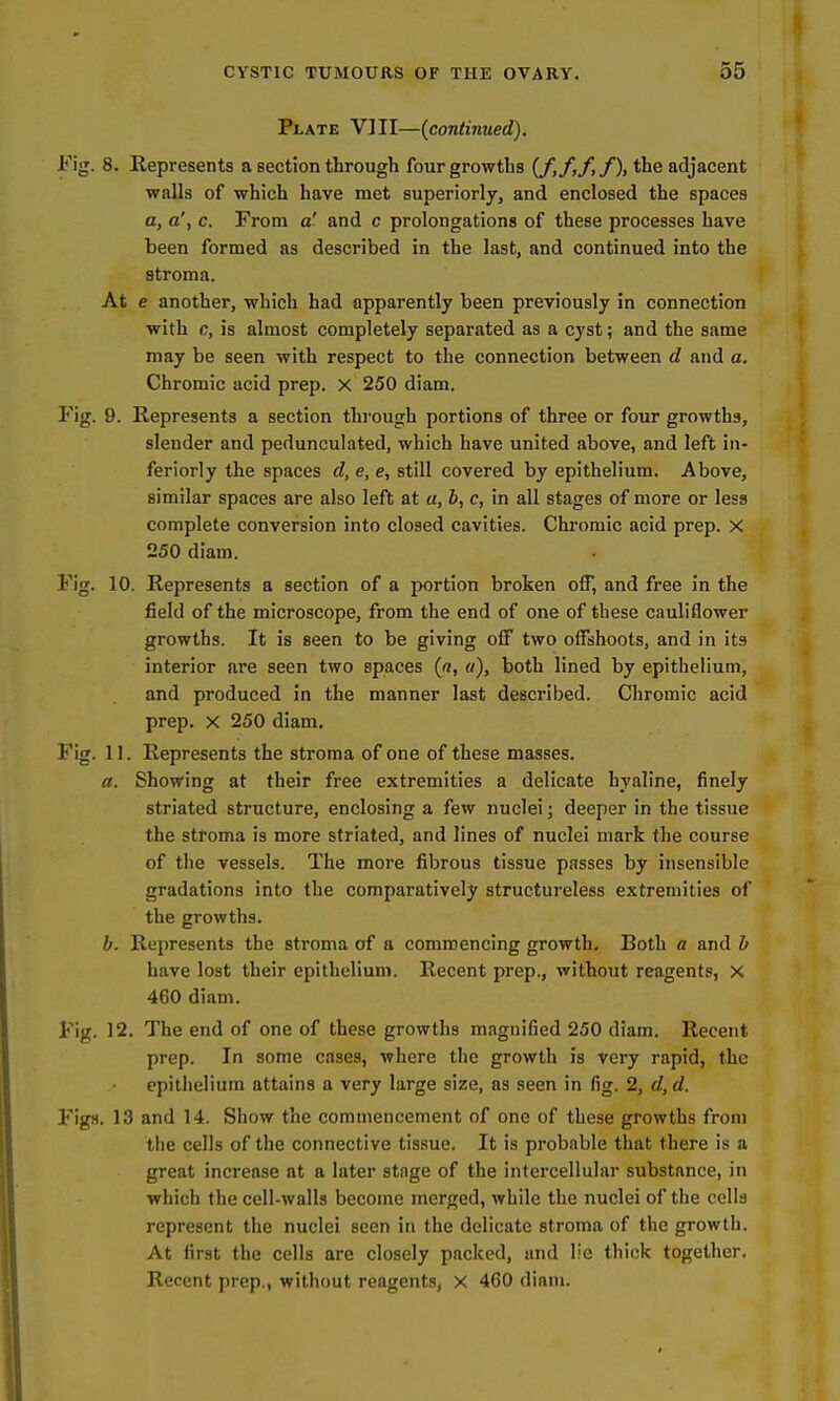 Plate VHI—(continued). Fig. 8. Eepresents a Bection through four growths (/,/,/,/), the adjacent walls of which have met superiorly, and enclosed the spaces a, a\ c. From a' and c prolongations of these processes have been formed as described in the last, and continued into the stroma. At e another, which had apparently been previously in connection with c, is almost completely separated as a cyst; and the same may be seen with respect to the connection between d and a. Chromic acid prep. X 250 diam. Fig. 9. Represents a section through portions of three or four growths, slender and pedunculated, which have united above, and left in- feriorly the spaces d, e, e, still covered by epithelium. Above, similar spaces are also left at a, b, c, in all stages of more or less complete conversion into closed cavities. Chromic acid prep. X 250 diam. Fig. 10. Represents a section of a portion broken off, and free in the field of the microscope, from the end of one of these cauliflower growths. It is seen to be giving off two offshoots, and in its interior are seen two spaces (a, a), both lined by epithelium, and produced in the manner last described. Chromic acid prep. X 250 diam. Fig. 11. Represents the stroma of one of these masses. a. Showing at their free extremities a delicate hyaline, finely striated structure, enclosing a few nuclei; deeper in the tissue the stroma is more striated, and lines of nuclei mark the course of the vessels. The more fibrous tissue passes by insensible gradations into the comparatively structureless extremities of the growths. b. Represents the stroma of a commencing growth. Both a and b have lost their epithelium. Recent prep., without reagents, X 460 diam. Fig. 12, The end of one of these growths magnified 250 diam. Recent prep. In some cases, where the growth is very rapid, the epithelium attains a very large size, as seen in fig. 2, d, d. Figs. 13 and 14. Show the commencement of one of these growths from the cells of the connective tis.sue. It is probable that there is a great increase at a later stnge of the intercellular substance, in which the cell-walls become merged, while the nuclei of the cells represent the nuclei seen in the delicate stroma of the growth. At first the cells are closely packed, and lie thick together. Recent prep., without reagents, X 460 diam.