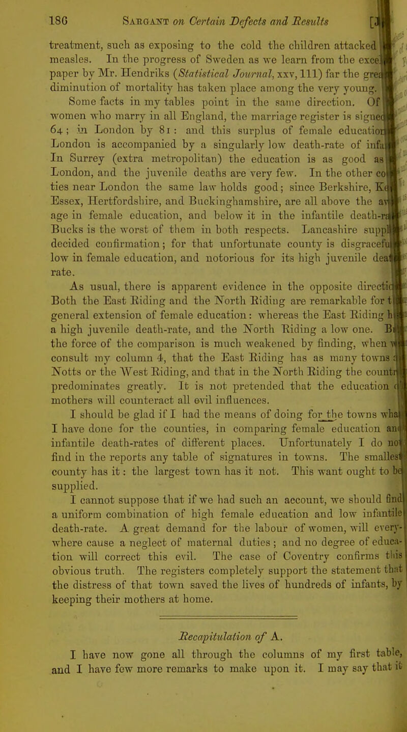 treatment, such as exposing to the cold the children attacke measles. In the progress of Sweden as we learn from the exc paper by Mr. Hendriks {Statistical Journal, xxv, 111) far the gr| diminution of mortality has taken place among the very young Some facts in my tables point in the same direction. Of women who marry in all England, the marriage register is signe 64 ; m London by 81: and this surplus of female educatio London is accompanied by a singularly low death-rate of infi^ In Surrey (extra metropolitan) the education is as good London, and the juvenile deaths are very few. In the other col ties near London the same law holds good; since Berkshire, Ka Essex, Hertfordshire, and Buckinghamshire, are all above the age in female education, and below it in the infantile death-r Bucks is the worst of them in both respects. Lancashire suppll decided confirmation; for that unfortunate county is disgracef low in female education, and notorious for its high juvenile rate. As usual, there is apparent evidence in the opposite directic Both the East Kiding and the North Biding are remarkable fori general extension of female education: whereas the East Biding hi a high juvenile death-rate, and the North Biding a low one. Bi the force of the comparison is much weakened by finding, when ■ consult my column 4, that the East Biding has as many towns; Notts or the AVest Biding, and that in the North Biding the counf predominates greatly. It is not pretended that the education.^ mothers will coimteract all evil influences. I should be glad if I had the means of doing for the towns wba I have done for the counties, in comparing female education infantile death-rates of different places. Unfortunately I do ii§ find in the reports any table of signatures in towns. The smalleS county has it: the largest town has it not. This want ought to Bf sujDplied. I cannot suppose that if we had such an account, we should find a uniform combination of high female education and low infantile death-rate. A great demand for the labour of women, will everj^ where cause a neglect of maternal duties ; and no degree of educ&l tiou will correct this evil. The case of Coventry confirms tliiifl obvious truth. The registers completely support the statement that the distress of that town saved the lives of hundreds of infants, by keeping their mothers at home. Hecapitulation of A. I have now gone all through the columns of my first table,