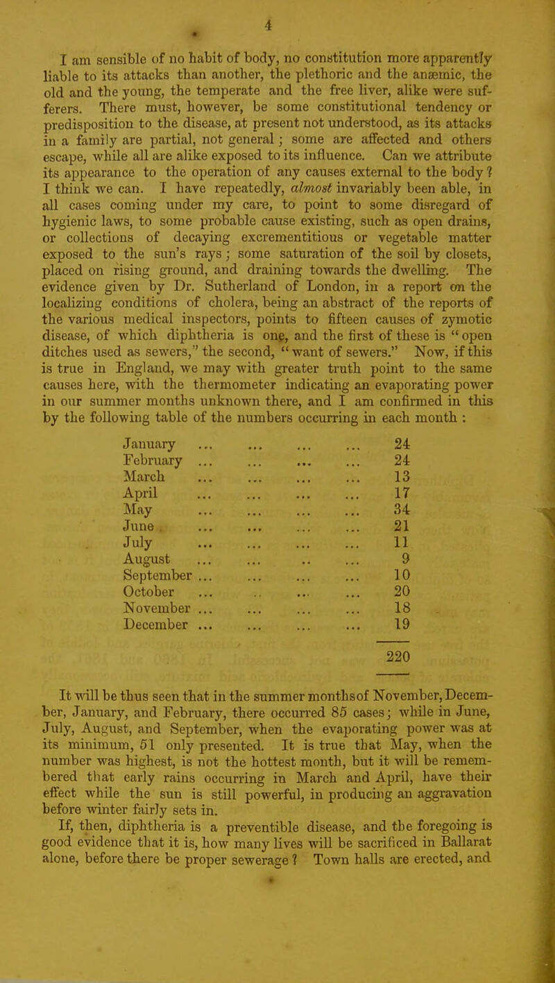 I am sensible of no habit of body, no constitution more apparently liable to its attacks than another, the plethoric and the anaemic, the old and the young, the temperate and tlie free liver, alike were suf- ferers. There must, however, be some constitutional tendency or predisposition to the disease, at present not understood, as its attacks in a family are partial, not general; some are affected and others escape, while all are alike exposed to its influence. Can we attribute its appearance to the operation of any causes external to the body t I think we can. I have repeatedly, almost invariably been able, in all cases coming under my care, to point to some disregard of hygienic laws, to some probable cause existing, such as open drains, or collections of decaying excrementitious or vegetable matter exposed to the sun's rays; some saturation of the soil by closets, placed on rising ground, and draining towards the dwelUng. The evidence given by Dr. Sutherland of London, in a report on the localizing conditions of cholera, being an abstract of the reports of the various medical inspectors, points to fifteen causes of zymotic disease, of which diphtheria is onp, and the first of these is  open ditches used as sewers, the second, want of sewers. Now, if this is true in England, we may with greater truth point to the same causes here, with the thermometer indicating an evaporating power in our summer months unknown there, and I am confirmed in this by the following table of the numbers occurring in each month : January ... ... ... ... 24 February ... ... ... ... 24 March 13 April 17 May 34 June. ... 21 July 11 August ... ... .. ... 9 September ... ... ... ... 10 October 20 November ... ... ... ... 18 December ... ... ... ... 19 220 It will be thus seen that in the summer monthsof November, Decem- ber, January, and February, there occurred 85 cases; while in June, July, August, and September, when the evaporating power was at its minimum, 51 only presented. It is true that May, when the number was highest, is not the hottest month, but it will be remem- bered that early rains occurring in March and April, have their effect while the sun is still powerful, in producing an aggi'avation before winter fairly sets in. If, then, diphtheria is a preventible disease, and the foregoing is good evidence that it is, how many lives will be sacrificed in Ballarat alone, before there be proper sewerage 1 Town halls are erected, and