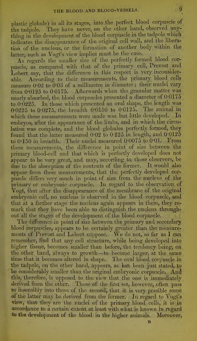 plastic globule) in all its stages, into >the perfect blood corpuscle of the tadpole. They have never, on the other hand, observed any- thing in the development of the blood corpuscle in the tadpole which indicates the disappearance of the original cell wall, and the libera- tion of the nucleus, or the formation of another body within the latter,' such as Vogt's view implies must be the case. As regards the smaller size of the perfectly formed blood cor- puscle, as compared with that of the primary cell, Prevost _ and Lebert say, that the difference iia this respect is very inconsider- able. According to their measurements, the primary blood cells measure 0-02 to 0-03 of a milHmetre in diameter; their nuclei vary from 0-0125 to 0-0175. Afterwards when the granular matter was nearly absorbed, the blood corpuscles presented a diameter of 0*0175 to 0-0225. Li those which presented an oval shape, the length was 0-0225 to 0-0275, the breadth O'OISO to 0-0125. The animal in which these measurements were made was but little developed.^ In embryos, after the appearance of the limbs, and in which the circu- lation was complete, and the blood globules perfectly formed, they found that the latter meastired 0-02 to 0-225 in length, and 0*0125 to 0-150 in breadth. Their nuclei measured 0-0075 to 0-01. From these measurements, the difference in point of size between the primaiy blood-cell and that which is perfectly developed does not appear to be very great, and may, according tQ those observers, be due to the absorption of the contents of the former. It would also appear from these measurements, that the perfectly developed cor- puscle differs very much in point of size, from the nucleus of the primary or embryonic corpuscle. In regard to the observation of Vogt, that after the disappearance of the membrane of the original embryonic cell, no nucleus is observed in the blood corpuscle, and that at a farther stage the nucleus again appears in them, they re- mark that they have been able to distinguish the nucleus through- out all the stages of the development of the blood corpuscle. The difference in point of size between the primary and secondary blood corpuscles, appears to be certainly greater than the measure- ments of Prevost and Lebei-t suppose. We do not, so far as I can remember, find that any cell structure, while being developed into higher tissue, becomes smaller than before, the tendency being, on the other hand, always to growth—to becbra6 larger^ at the same time that it becomes altered in shape. The oval blood corpuscle in the tadpole, on the other hand, appears, as has been just stated,. l;0 be considerably smaller than the original embryonic corpuscle. An^ this, therefore, is opposed to the view that the one is immediately derived from the otner. Those of the first set, however, ohen pass so insensibly into those of the second^ that it is very possible some of the latter may be derived from the former. In regard to Vogt's view, that they are the nuclei of the primary blood cells, it is in accordance to a certain extent at least with what is known in regard to the development of the blood in the higher animals. Moreover, B