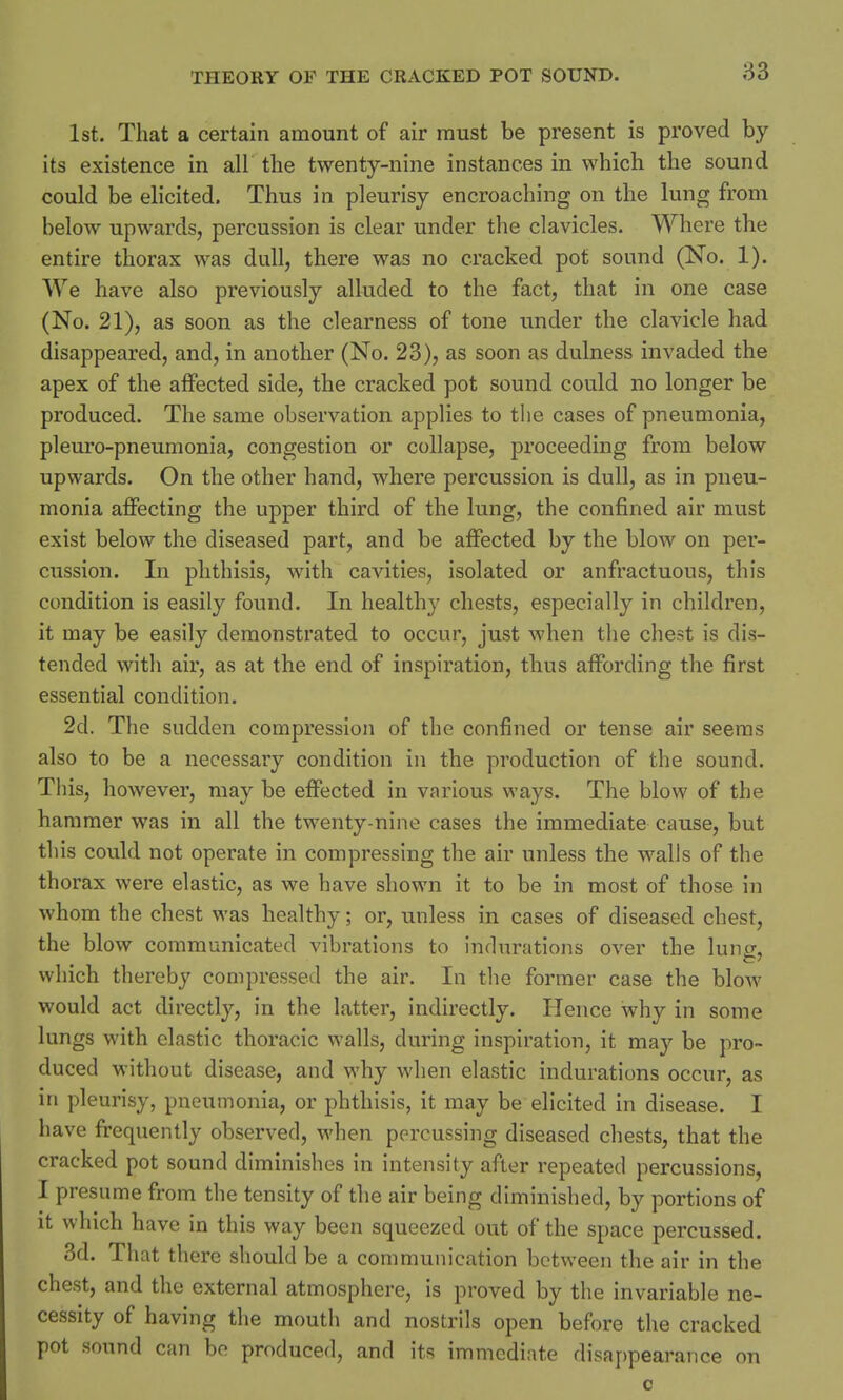 1st. That a certain amount of air must be present is proved by- its existence in all the twenty-nine instances in which the sound could be elicited, Thus in pleurisy encroaching on the lung from below upwards, percussion is clear under the clavicles. Where the entire thorax was dull, there was no cracked pot sound (No. 1). We have also previously alluded to the fact, that in one case (No. 21), as soon as the clearness of tone under the clavicle had disappeared, and, in another (No. 23), as soon as dulness invaded the apex of the affected side, the cracked pot sound could no longer be produced. The same observation applies to the cases of pneumonia, pleuro-pneumonia, congestion or collapse, proceeding from below upwards. On the other hand, where percussion is dull, as in pneu- monia affecting the upper third of the lung, the confined air must exist below the diseased part, and be affected by the blow on per- cussion. In phthisis, with cavities, isolated or anfractuous, this condition is easily found. In healthy chests, especially in children, it may be easily demonstrated to occur, just when the chest is dis- tended with air, as at the end of inspiration, thus affording the first essential condition. 2d. The sudden compression of the confined or tense air seems also to be a necessary condition in the production of the sound. This, however, may be effected in various ways. The blow of the hammer was in all the twenty-nine cases the immediate cause, but this could not operate in compressing the air unless the walls of the thorax were elastic, as we have shown it to be in most of those in whom the chest was healthy; or, unless in cases of diseased chest, the blow communicated vibrations to indurations over the luntr, which thereby compressed the air. In the former case the bloAV would act directly, in the latter, indirectly. Hence why in some lungs with elastic thoracic walls, during inspiration, it may be pro- duced without disease, and why when elastic indurations occur, as in pleurisy, pneumonia, or phthisis, it may be elicited in disease. I have frequently observed, when percussing diseased chests, that the cracked pot sound diminishes in intensity after repeated percussions, I presume from the tensity of the air being diminished, by portions of it which have in this way been squeezed out of the space percussed. 3d. That there should be a communication between the air in the chest, and the external atmosphere, is proved by the invariable ne- cessity of having the mouth and nostrils open before the cracked pot sound can be produced, and its immediate disappearance on
