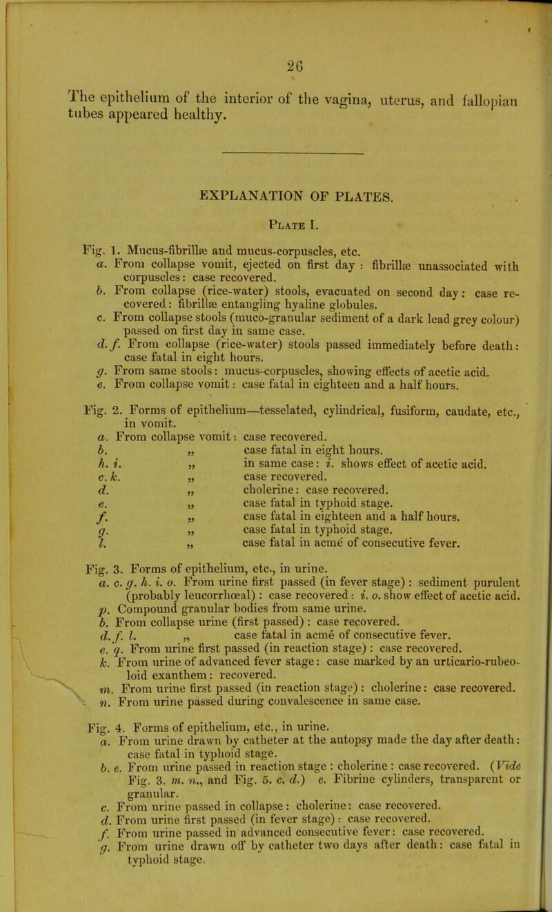 The epithelium of the interior of the vagina, uterus, and fallojjian tubes appeared healthy. EXPLANATION OF PLATES. Plate L Fig. 1. Mucus-fibrillfe and mucus-corpuscles, etc. a. From collapse vomit, ejected on first day : fibrillse unassociated with corpuscles: case recovered. h. From collapse (rice-water) stools, evacuated on second day: case re- covered : fibrillje entangling hyaline globules. c. From collapse stools (rauco-granular sediment of a dark lead grey colour) passed on first day in same case. d. f. From collapse (rice-water) stools passed immediately before death: case fatal in eight hours. g. From same stools: mucus-corpuscles, showing effects of acetic acid. e. From collapse vomit: case fatal in eighteen and a half hours. Fig. 2. Forms of epithelium—tesselated, cylindrical, fusiform, caudate, etc., in vomit. a. From collapse vomit: case recovered. h. „ case fatal in eight hours. h. i. „ in same case: i. shows effect of acetic acid. c. k. case recovered. d. ,) cholerine: case recovered. e. jj case fatal in typhoid stage. „ case fatal in eighteen and a half hours. g. „ case fatal in typhoid stage. I. „ case fatal in acme of consecutive fever. Fig. 3. Forms of epithelium, etc., in urine. a. c. g. h. i. o. From urine first passed (in fever stage) : sediment purulent (probably leucorrhoeal) : case recovered: i. o. show effect of acetic acid. p. Compound granular bodies from same urine. b. From collapse urine (first passed) : case recovered. d. f. I. „ case fatal in acme of consecutive fever. e. q. From urine first passed (in reaction stage) : case recovered. k. From urine of advanced fever stage: case marked by an urticario-rubeo- loid exanthem: recovered, m. From urine first passed (in reaction stage) : cholerine: case recovered. n. From urine passed during convalescence in same case. Fig. 4. Forms of epithelium, etc., in urine. a. From urine drawn by catheter at the autopsy made the day after death: case fatal in typhoid stage. h. e. From urine passed in reaction stage : cholerine : case recovered. {Vide Fig. 3. m. 11., and Fig. 5. c. d.) e. J^'ibrine cylinders, transparent or granular. c. From urine passed in collapse : cholerine: case recovered. d. From urine first passed (in fever stage): case recovered. f. From urine passed in advanced consecutive fever: case recovered. g. From urine drawn off by catheter two days after death: case fatal in typhoid stage,