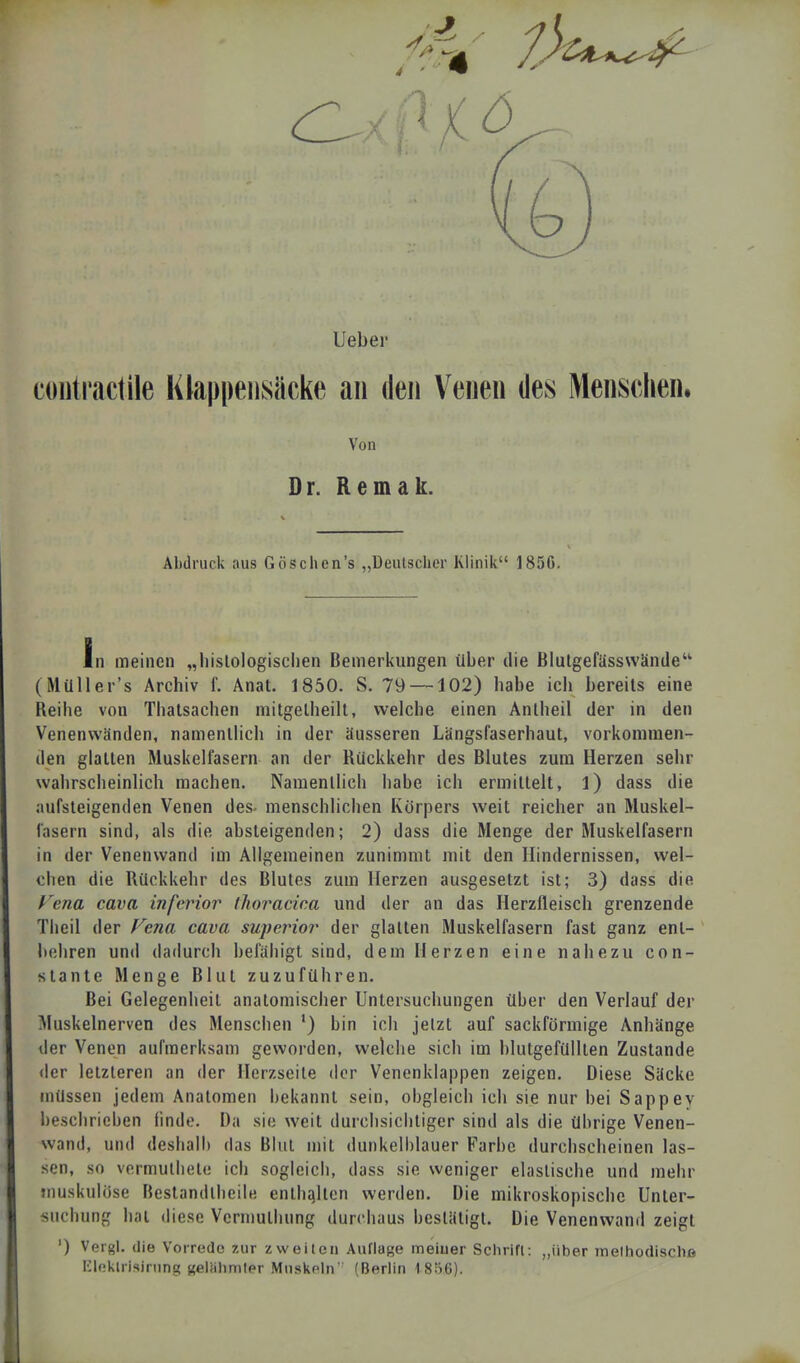 Uebei' coulractile Ktappensäcke an den Venen des Menschen. Von Dr. Remak. Abdruck aus Göschen's „Deutscher Klinik 1850. in meinen „liislologischen Bemerkungen über die Blulgefüsswände (Müller's Archiv f. Anat. 1850. S. 79 —102) habe ich bereits eine Reihe von Tliatsachen mitgelheilt, welche einen Anlheil der in den Venenwänden, namenlhch in der äusseren Längsfaserhaut, vorkommen- den glallen Muskelfasern an der Rückkehr des Blutes zum Herzen sehr wahrscheinlich machen. Namenilich habe ich ermittelt, l) dass die aufsteigenden Venen des- menschlichen Körpers weit reicher an Muskel- fasern sind, als die absteigenden; 2) dass die Menge der Muskelfasern in der Venenwand im Allgemeinen zunimmt mit den Hindernissen, wel- clien die Rückkehr des Blutes zum Herzen ausgesetzt ist; 3) dass die P'ena cava inferior thoracica und der an das Herzfleisch grenzende Tlieil der Fena cava superior der glatten Muskelfasern fast ganz ent- behren und dadurch befähigt sind, dem Herzen eine nahezu con- stante Menge Blut zuzuführen. Bei Gelegenheit anatomischer Untersuchungen über den Verlauf der Muskelnerven des Menschen ') bin ich jetzt auf sackförmige Anhänge der Venen aufmerksam geworden, welche sich im blutgefUllten Zustande der letzteren an der Ilerzseite der Venenklappen zeigen. Diese Säcke müssen jedem Anatomen bekannt sein, obgleich ich sie nur bei Sappey beschrieben finde. Da sie weit durchsichtiger sind als die übrige Venen- wand, und deshalb das Blut mit dunkelblauer Farbe durchscheinen las- sen, so vormulliete ich sogleich, dass sie weniger elastische und mehr »nuskulose Bestandilieile enthüllen werden. Die mikroskopische Unter- suchung bat diese Vcrmuthung durchaus bestätigt. Die Venenwand zeigt ') Vergl. die Vorrede zur zweiten Auflage meiuer Schrift: „über melhodiscliß Kif'klrisirnng «elühmler MnskPln'^ (Berlin 1856).