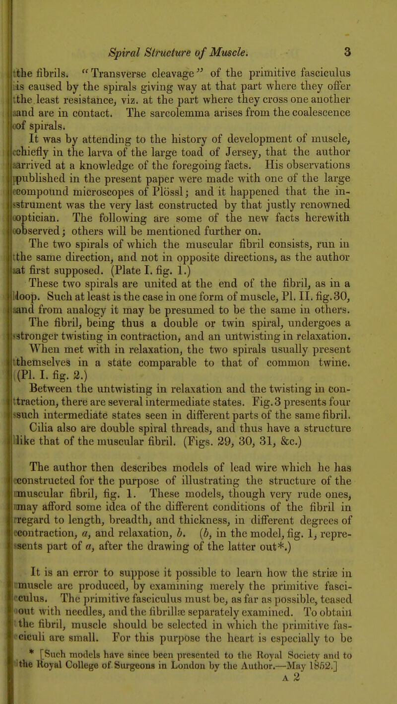 the fibrils.  Transverse cleavage  of the primitive fasciculus is caused by the spirals giving way at that pai't where they offer the least resistance, viz. at the part where they cross one another imd are in contact. The sarcolemma arises from the coalescence if spirals. It was by attending to the history of development of muscle, chiefly in the larva of the large toad of Jersey, that the author laarrived at a knowledge of the foregoing facts. His observations published in the present paper were made with one of the large compound microscopes of Plossl; and it happened that the in- sstrument was the very last constructed by that justly renowned ooptician. The following are some of the new facts herewith ooDserved; others will be mentioned further on. The two spirals of which the muscular fibril consists^ run in the same direction, and not in opposite directions, as the author at first supposed. (Plate I. fig. 1.) These two spirals are united at the end of the fibril, as in a loop. Such at least is the case in one form of muscle, PI. II. fig.30, :and from analogy it may be presumed to be the same in others. The fibril, being thus a double or twin spii-al, undergoes a stronger twisting in contraction, and an imtwisting in relaxation. A'\Tieu met with in relaxation, the two spirals usually present tthemselves in a state comparable to that of common twine, s (PI. I. fig. 2.) Between the untwisting in relaxation and the twisting in con- ttraction, there are sevei-al intermediate states. Fig. 3 presents four ssuch intermediate states seen in different parts of the same fibril. Cilia also are double spiral threads, and thus have a structure Hike that of the muscular fibril. (Figs. 39, 30, 31, &c.) The author then describes models of lead wire which he has econstructed for the purpose of illustrating the structure of the nmuscular fibril, fig. 1. These models, though veiy rude ones, nmay afford some idea of the different conditions of the fibril in rregard to length, breadth, and thickness, in different degrees of ccontraction, a, and relaxation, b. {b, in the model, fig. 1, repre- isents part of a, after the drawing of the latter out*.) It is an error to suppose it possible to learn how the strise in umuscle are produced, by examining merely the primitive fasci- cculus. The primitive fasciculus must be, as far as possible, teased oout with needles, and the fibrillse separately examined. To obtain Uhe fibril, muscle should be selected in which the primitive fas- ccieuli are small. For this purpose the heart is especially to be * [Such models have since been presented to the Royiil Society and to tithe Royal College of Surgeons in London by the Author.—May 1862.] A 2